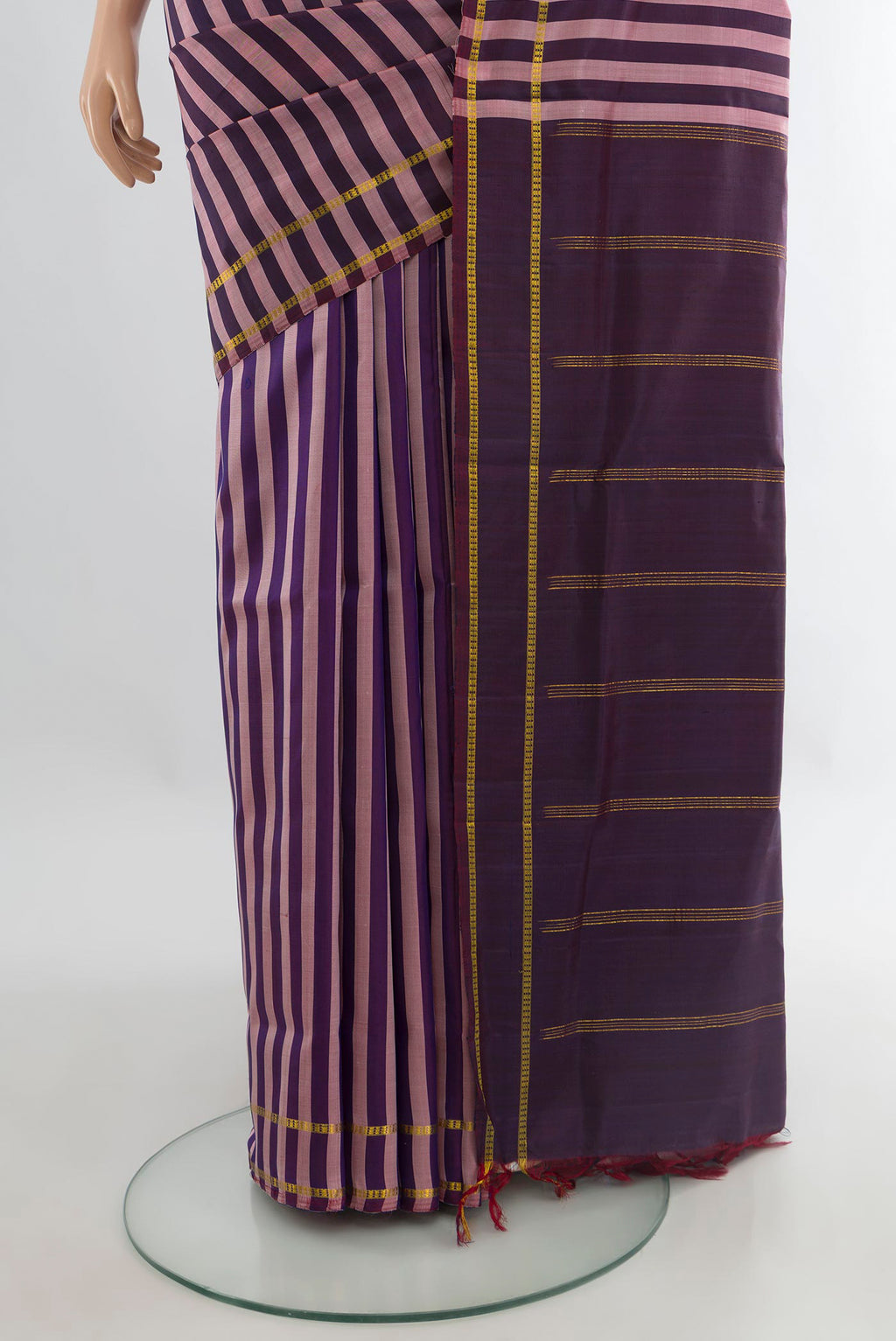 Pleats and pallu of Pure Silk Multi Color Kanjivaram Nine Yards Saree with Stripes on the body and Zari Border. 