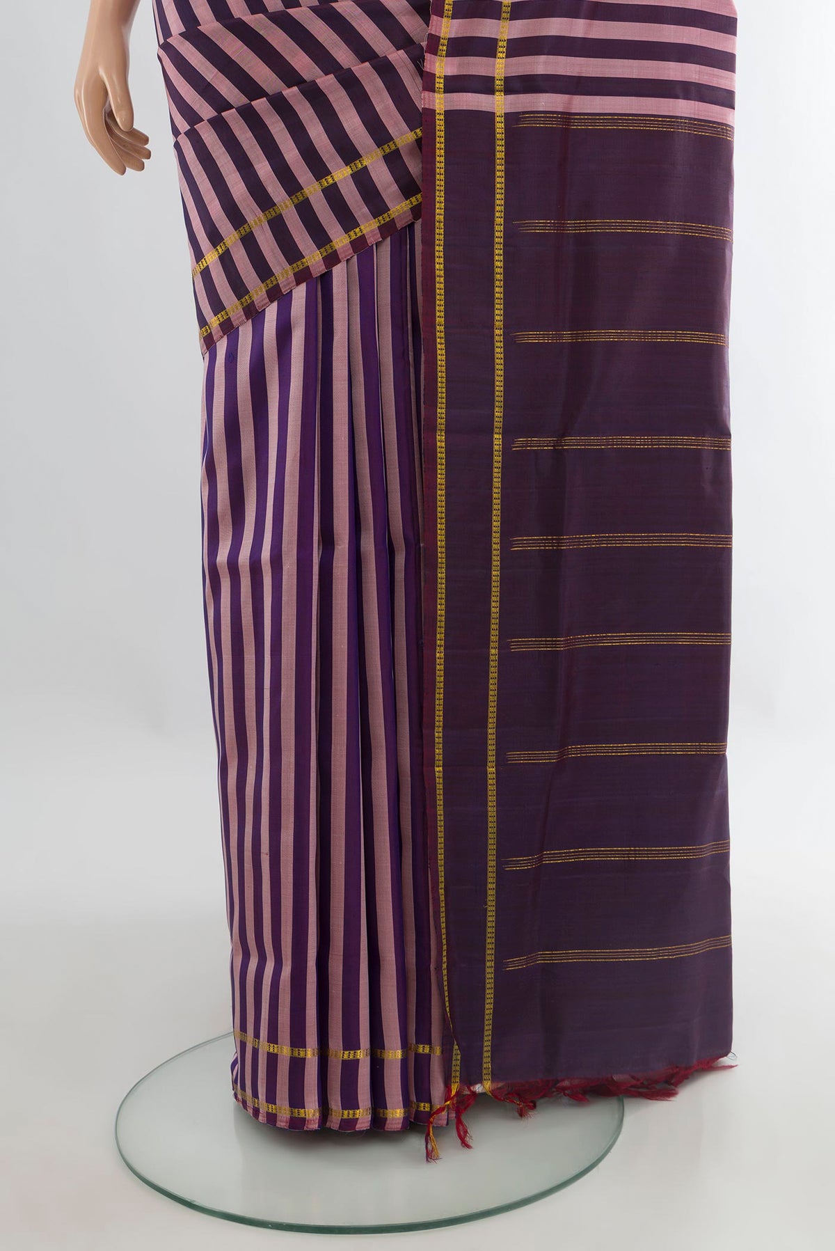 Pleats and pallu of Pure Silk Multi Color Kanjivaram Nine Yards Saree with Stripes on the body and Zari Border. 