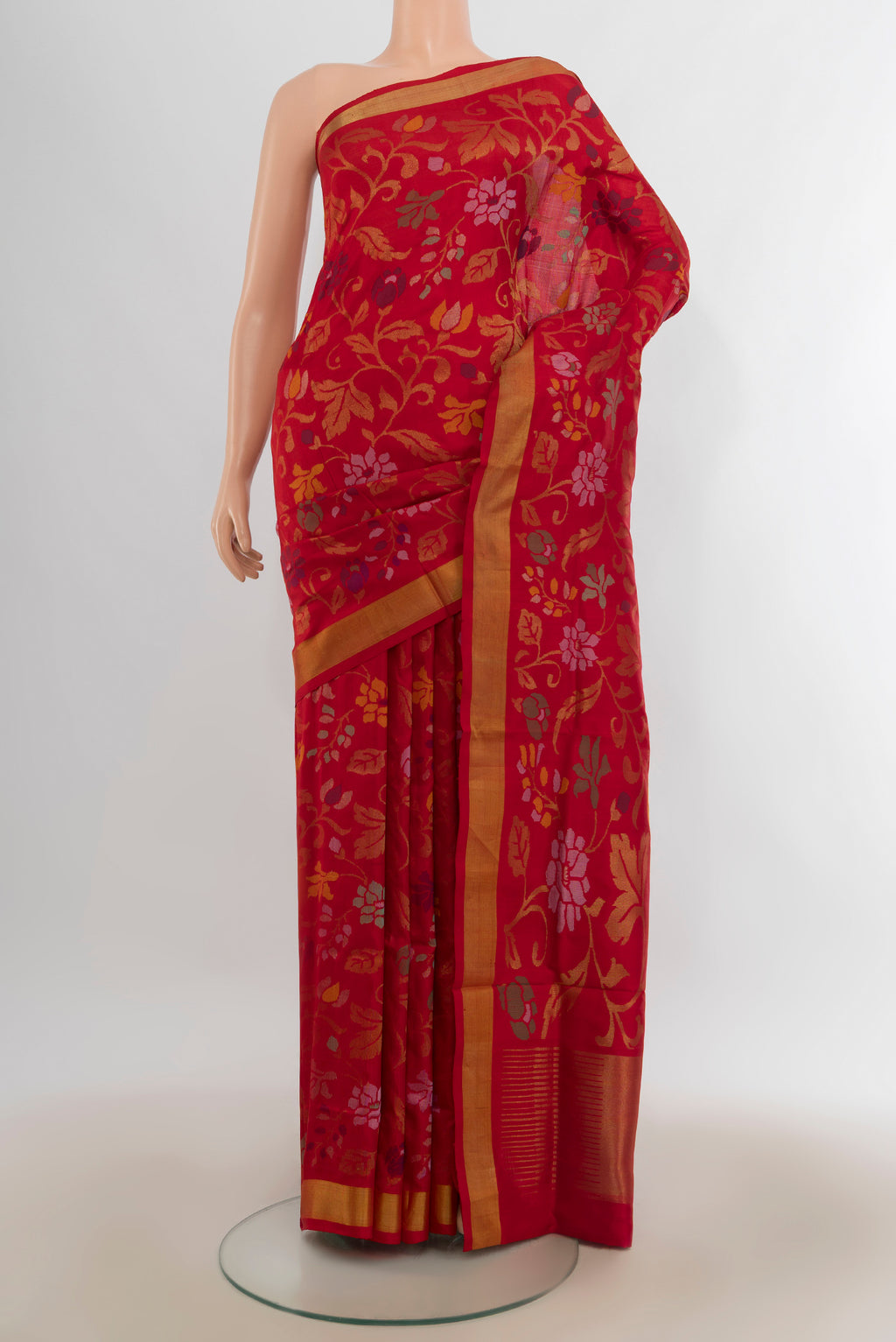 Pure Silk Red Uppada Saree with Zari Brocade on the body and Zari Border.  displayed on a mannequin