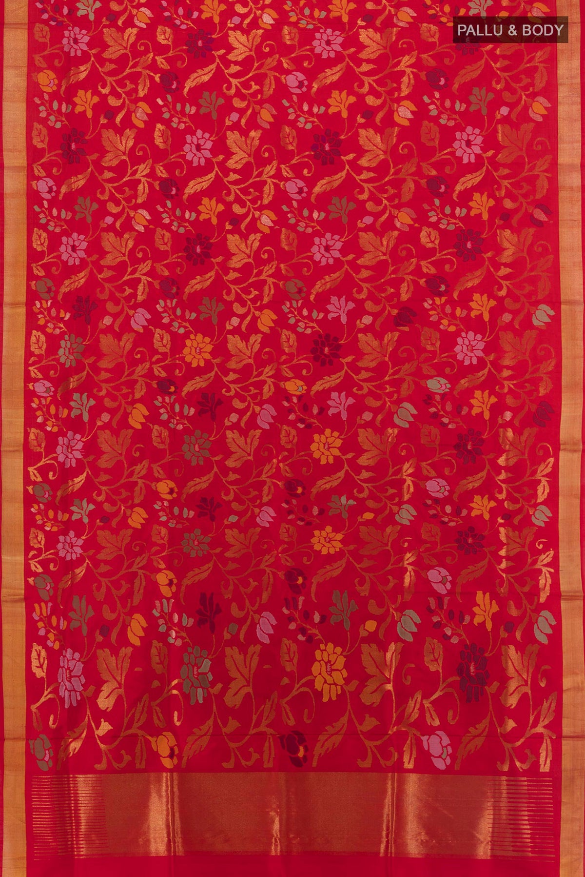 Flat view of Pure Silk Red Uppada Saree with Zari Brocade on the body and Zari Border. 