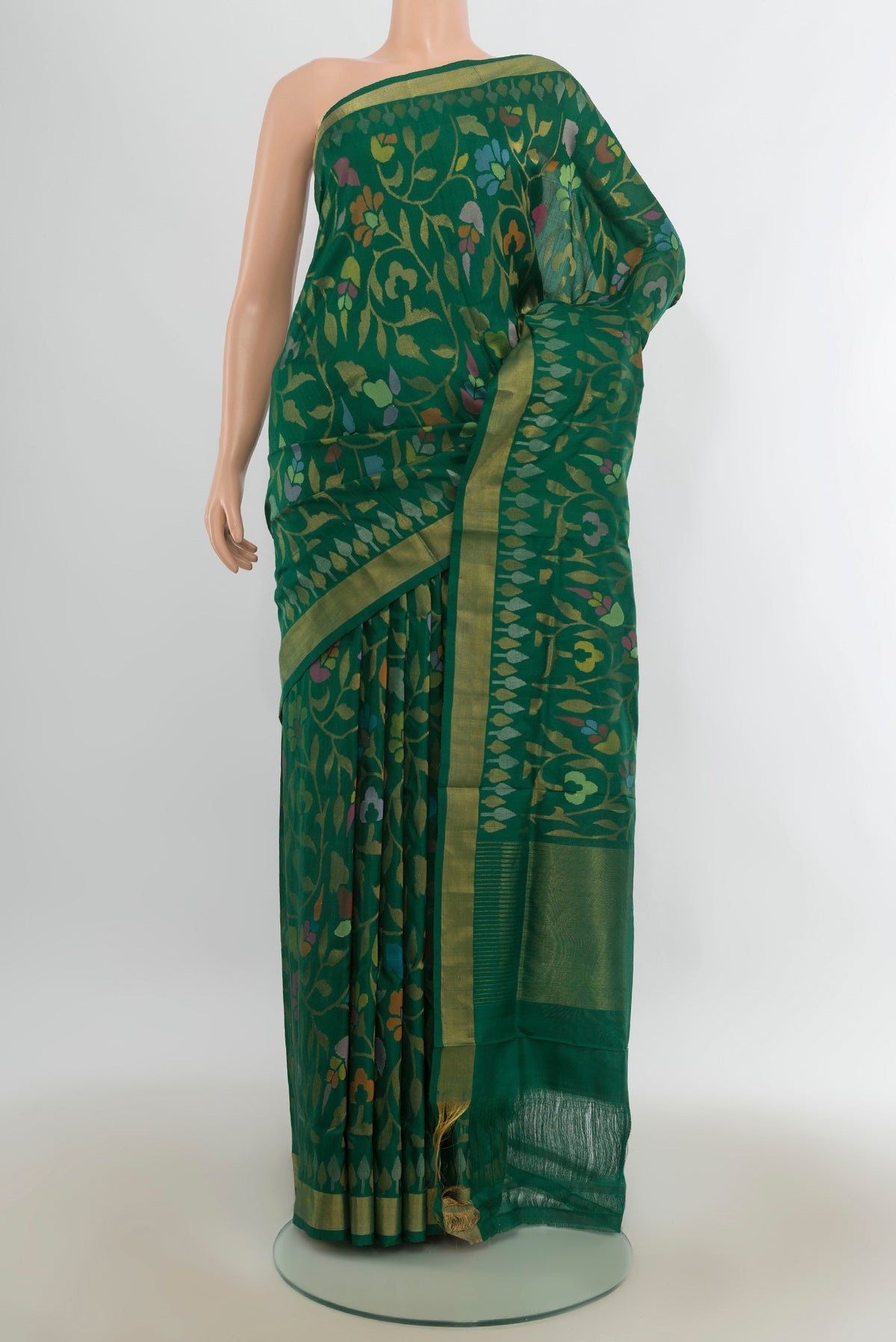Pure Silk Green Uppada Saree with Zari Brocade on the body and Zari Border.  displayed on a mannequin