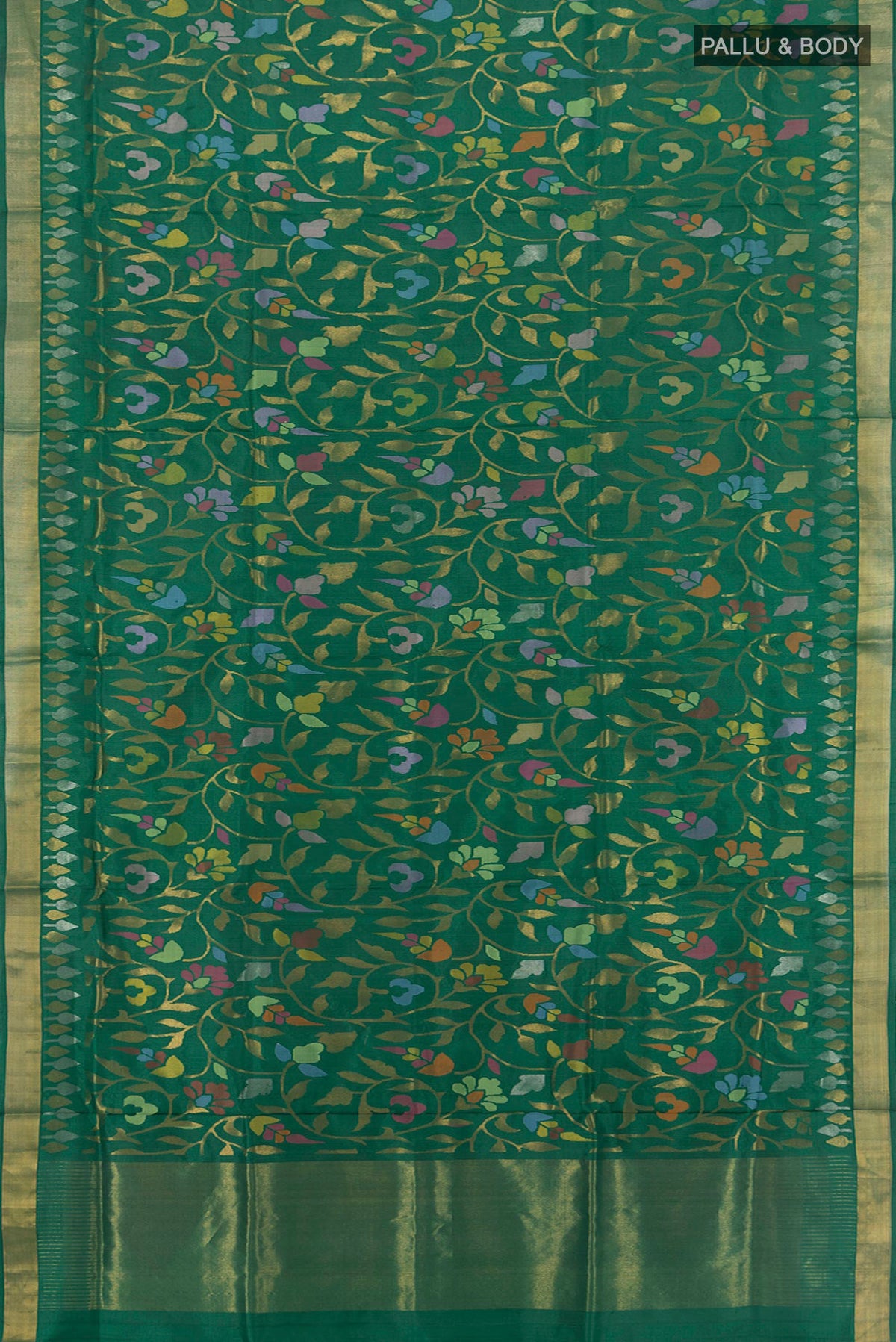 Flat view of Pure Silk Green Uppada Saree with Zari Brocade on the body and Zari Border. 