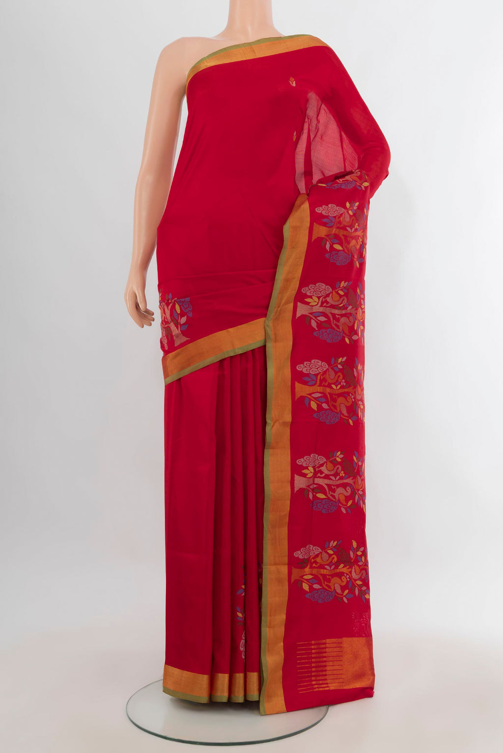 Pure Silk Red Uppada Saree with Zari Butta on the body and Zari Border.  displayed on a mannequin