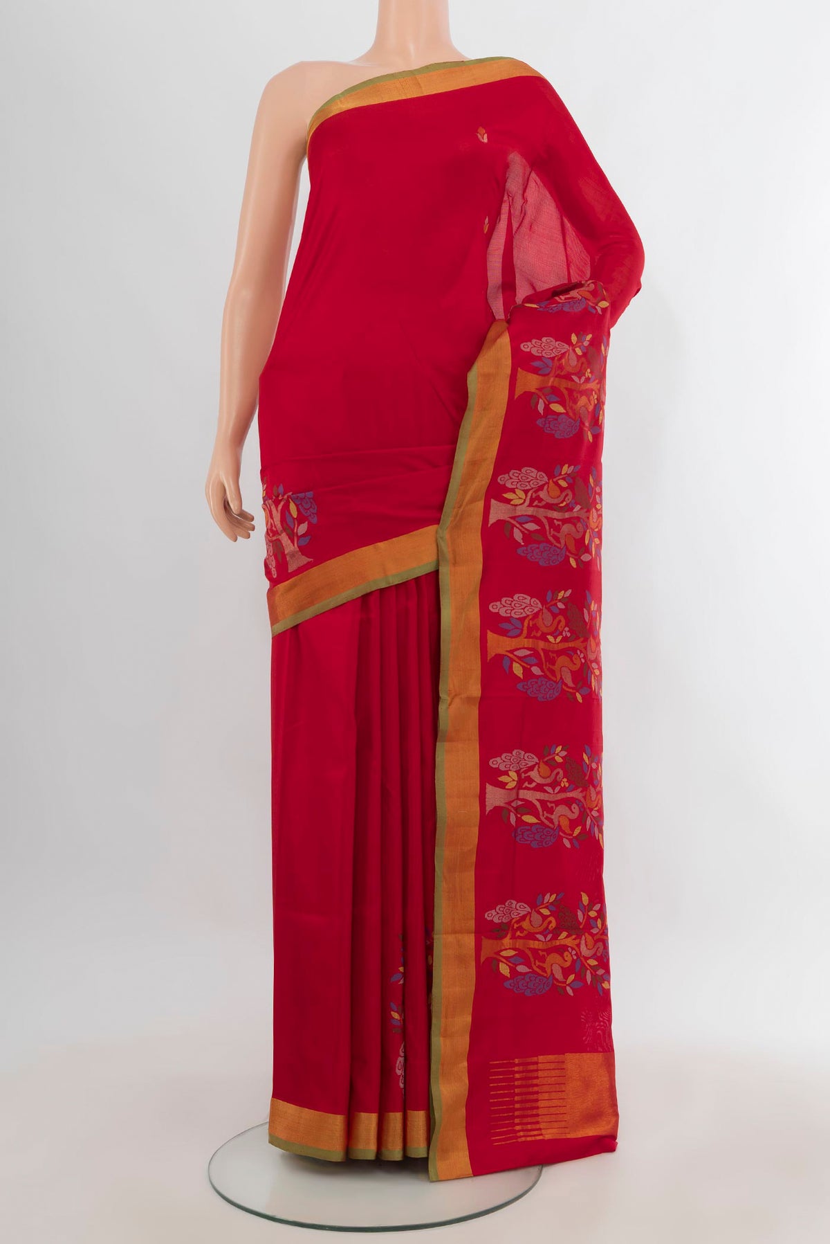 Pure Silk Red Uppada Saree with Zari Butta on the body and Zari Border.  displayed on a mannequin