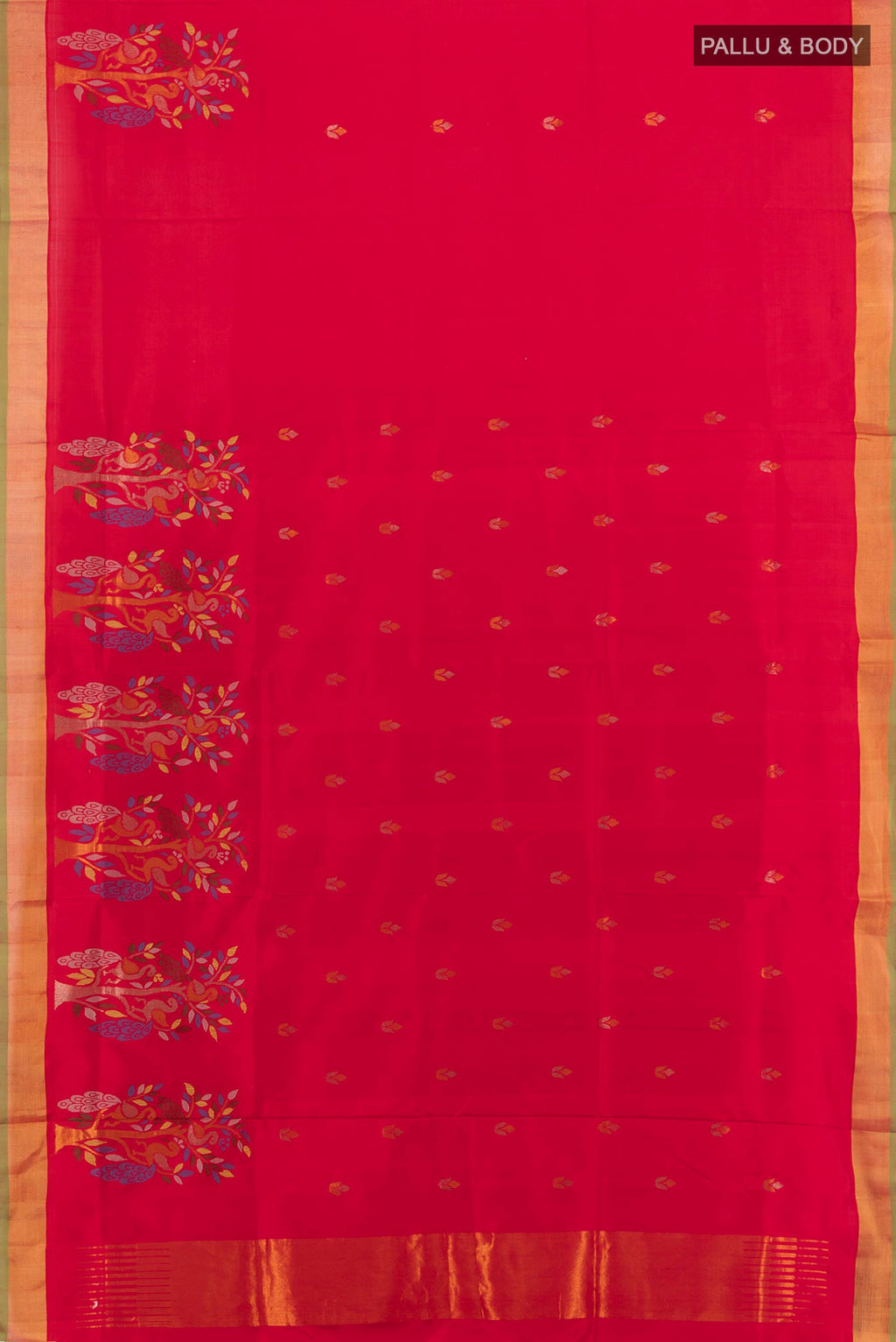 Flat view of Pure Silk Red Uppada Saree with Zari Butta on the body and Zari Border. 