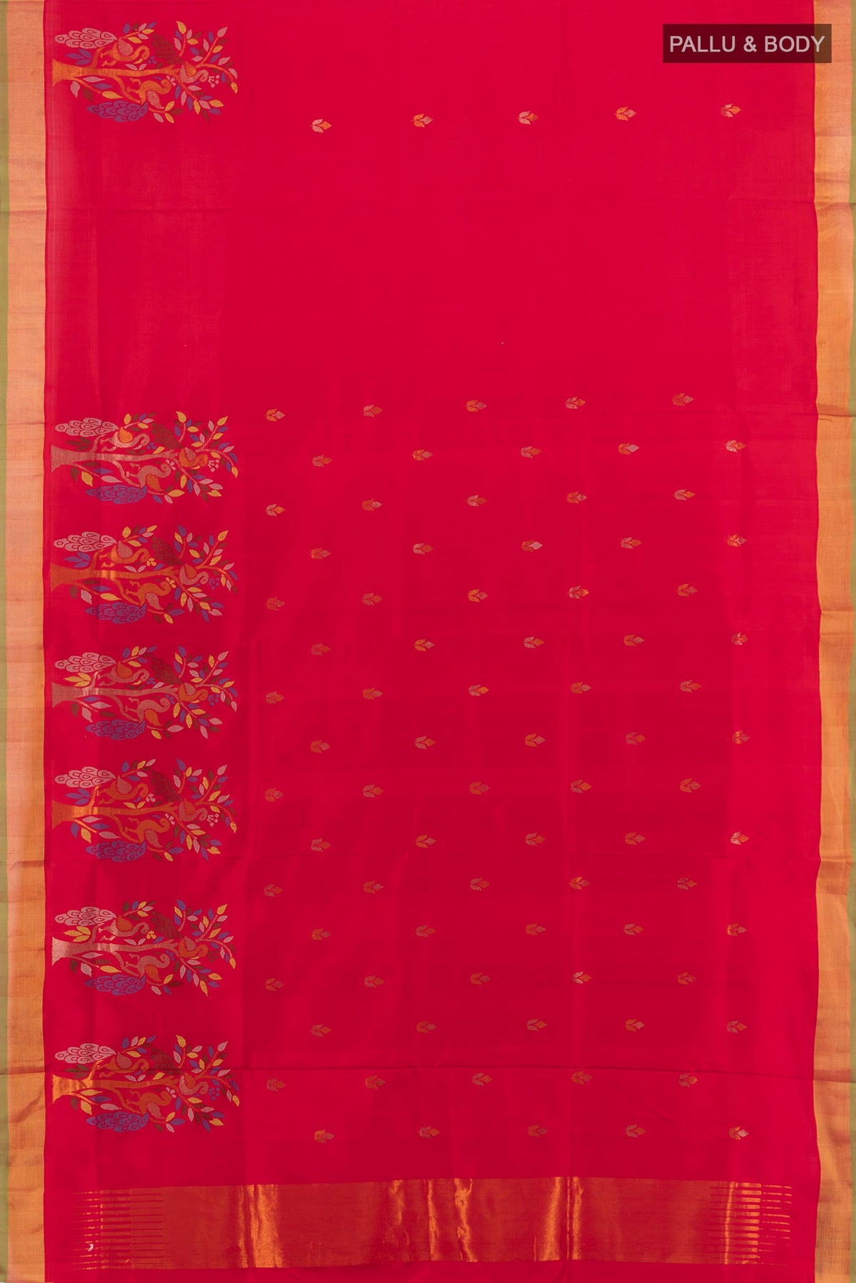 Flat view of Pure Silk Red Uppada Saree with Zari Butta on the body and Zari Border. 