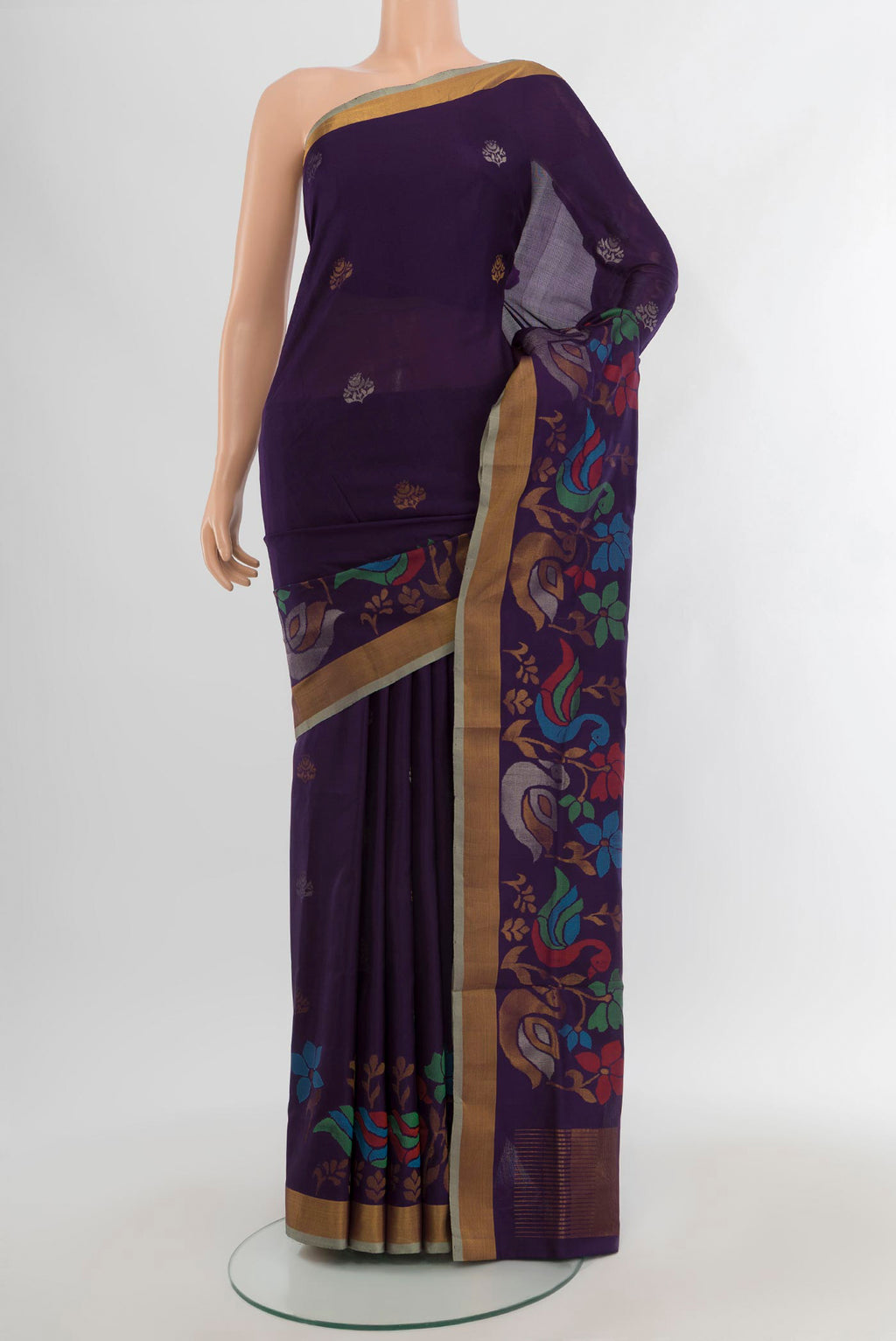 Navy Blue Uppada Silk Saree with Zari Butta on the body and Zari Border.  displayed on a mannequin
