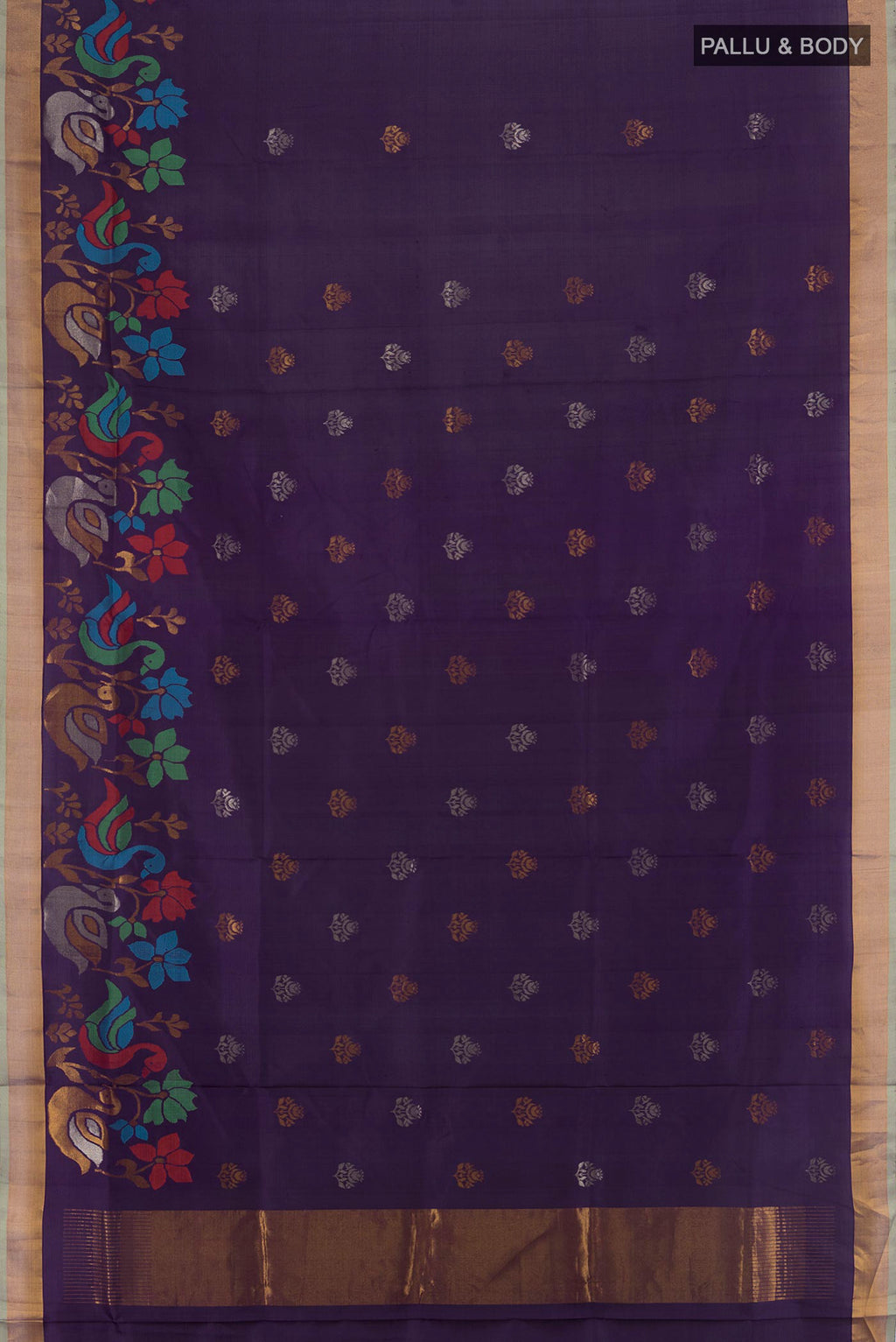 Flat view of Navy Blue Uppada Silk Saree with Zari Butta on the body and Zari Border. 