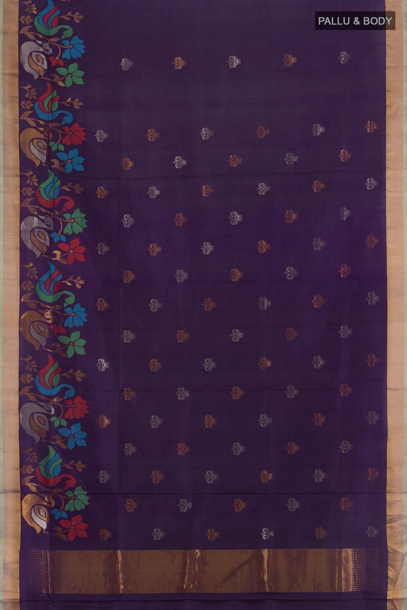 Flat view of Navy Blue Uppada Silk Saree with Zari Butta on the body and Zari Border. 