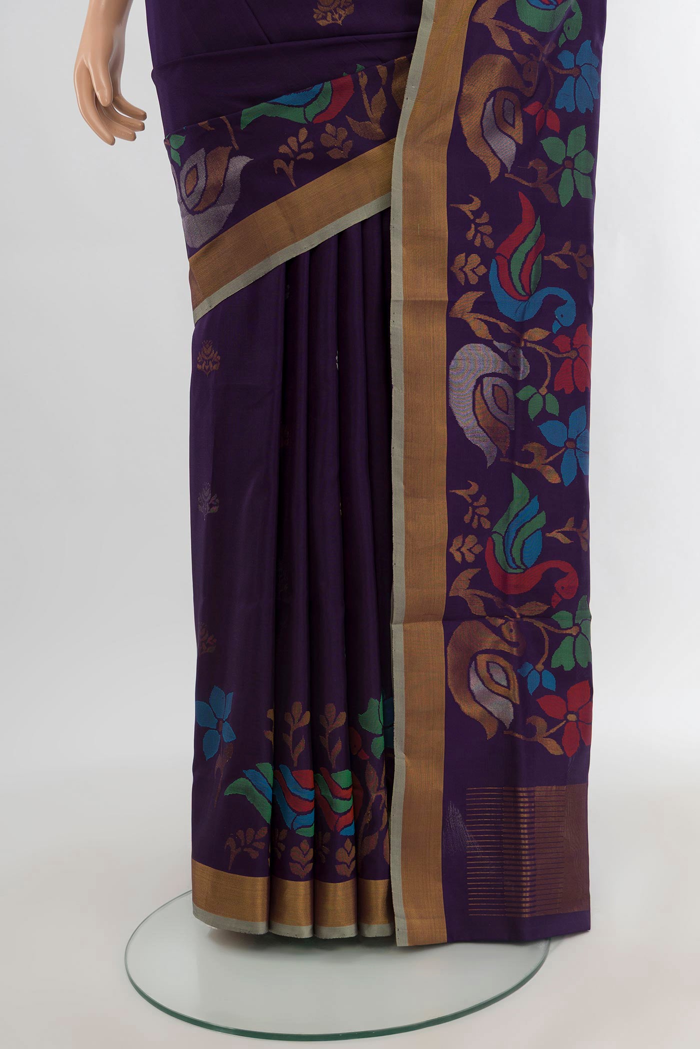 Pleats and pallu of Navy Blue Uppada Silk Saree with Zari Butta on the body and Zari Border. 