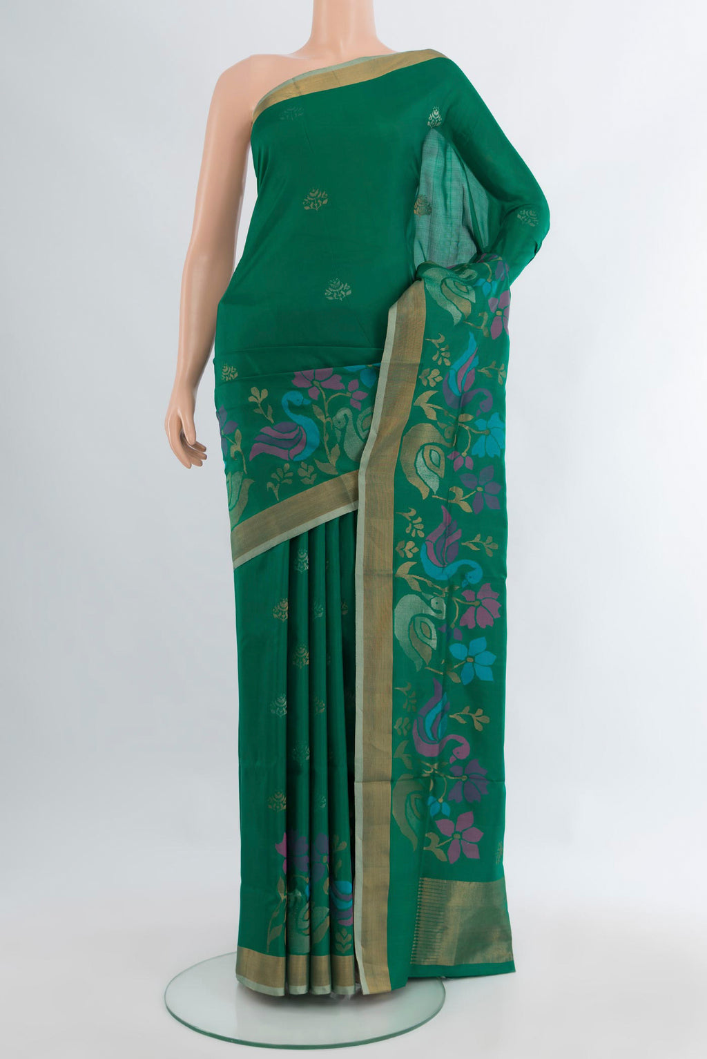 Teal Uppada Silk Saree with Zari Butta on the body and Fancy Border.  displayed on a mannequin