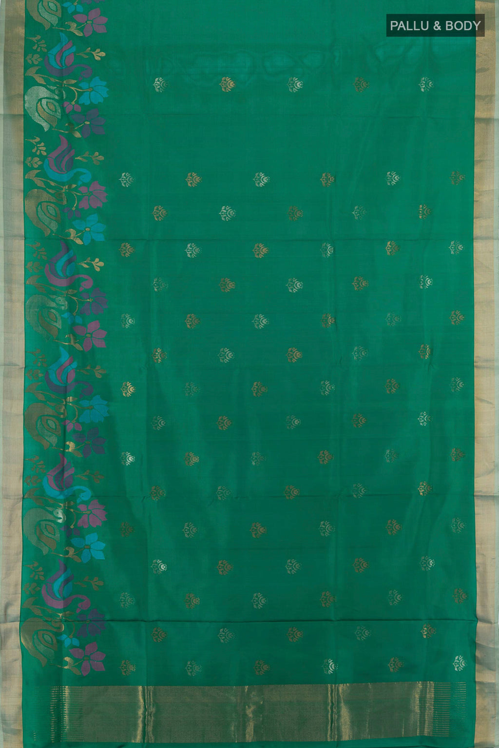 Flat view of Teal Uppada Silk Saree with Zari Butta on the body and Fancy Border. 