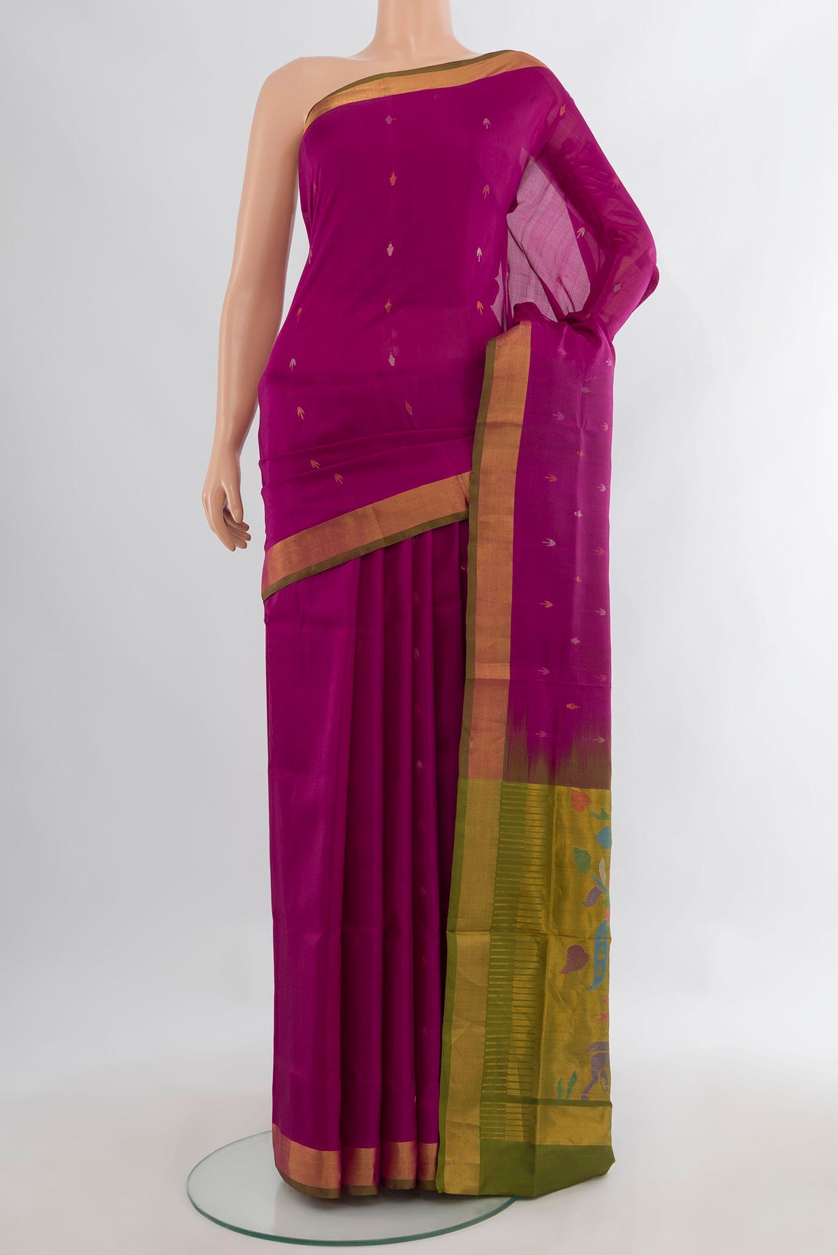 Pure Silk Dark Pink Uppada Saree with Zari Butta on the body and Zari Border.  displayed on a mannequin