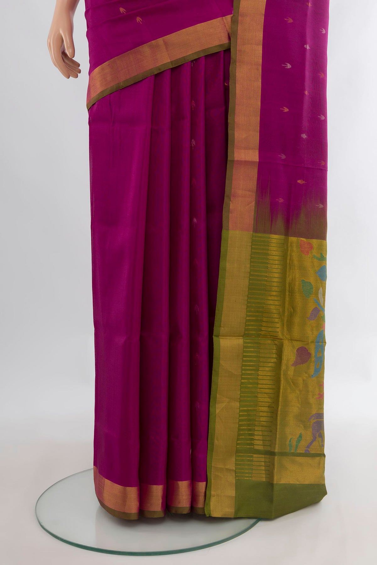 Pleats and pallu of Pure Silk Dark Pink Uppada Saree with Zari Butta on the body and Zari Border. 