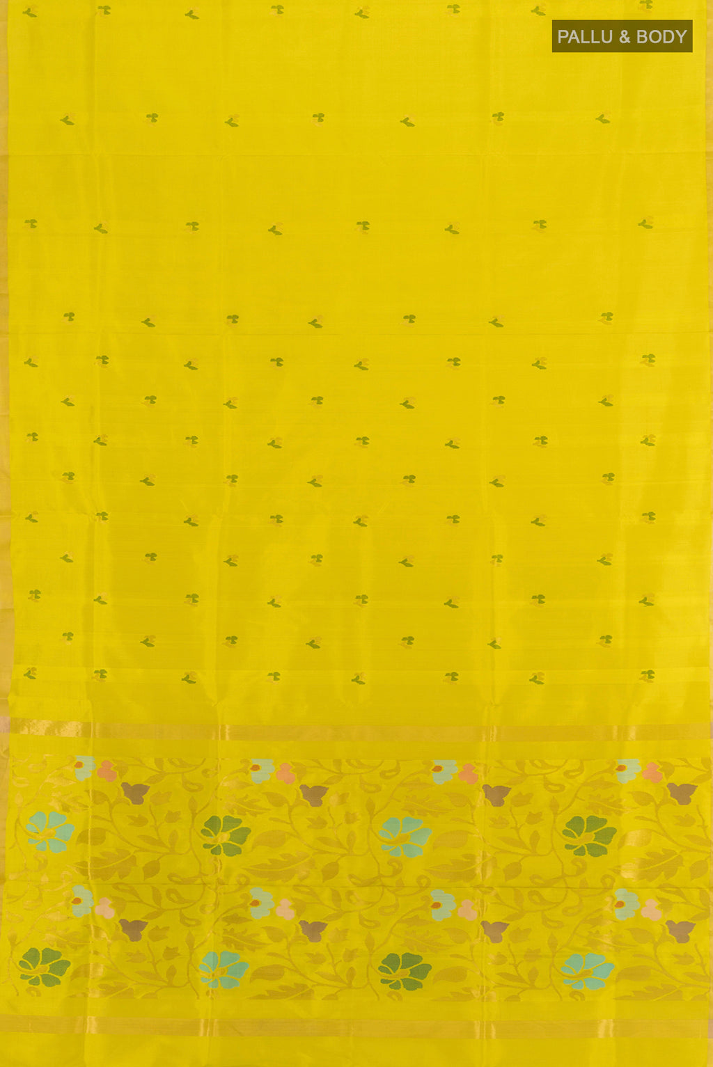 Flat view of Light Green Uppada Silk Saree with Zari Butta on the body and Silk Border. 
