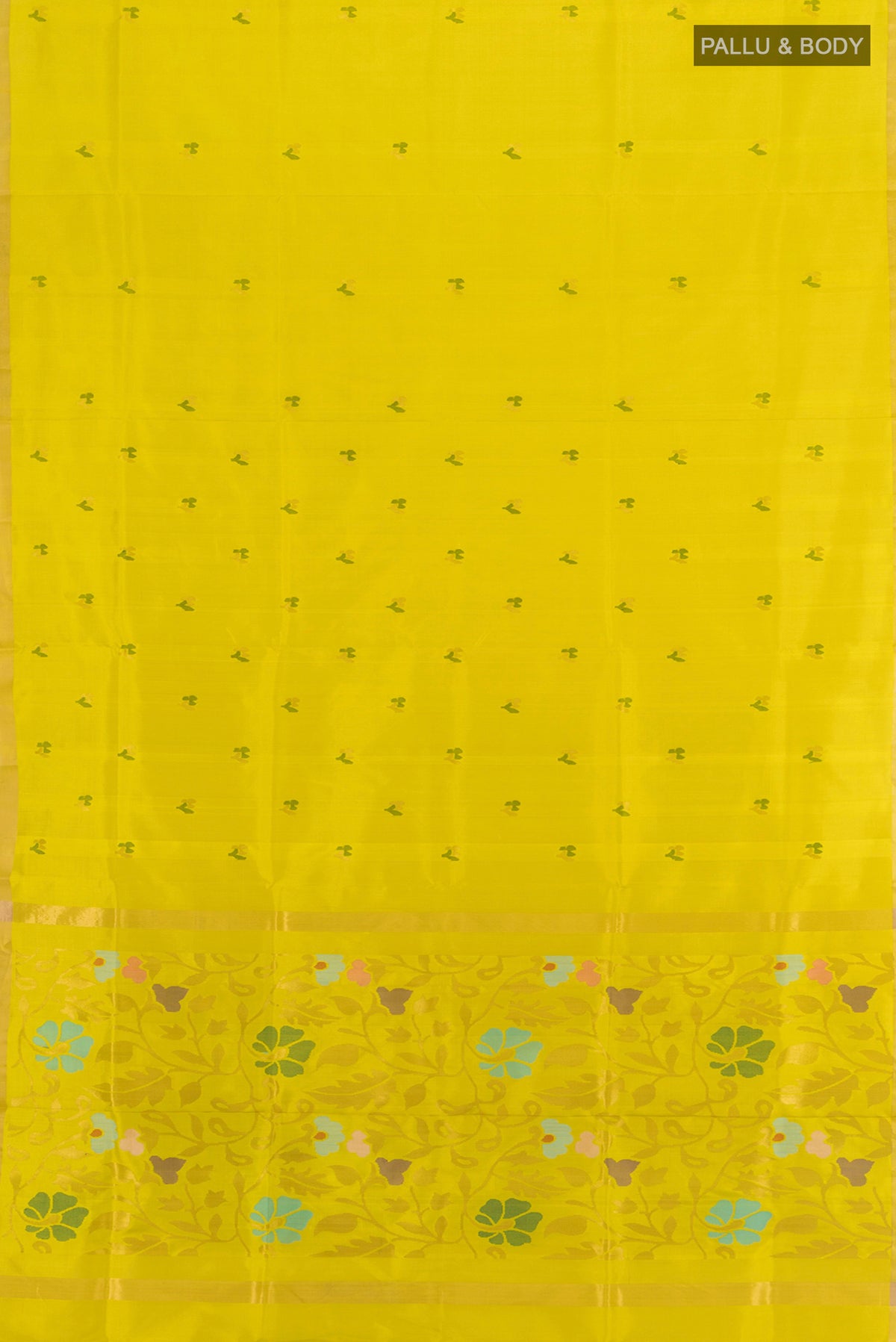 Flat view of Light Green Uppada Silk Saree with Zari Butta on the body and Silk Border. 