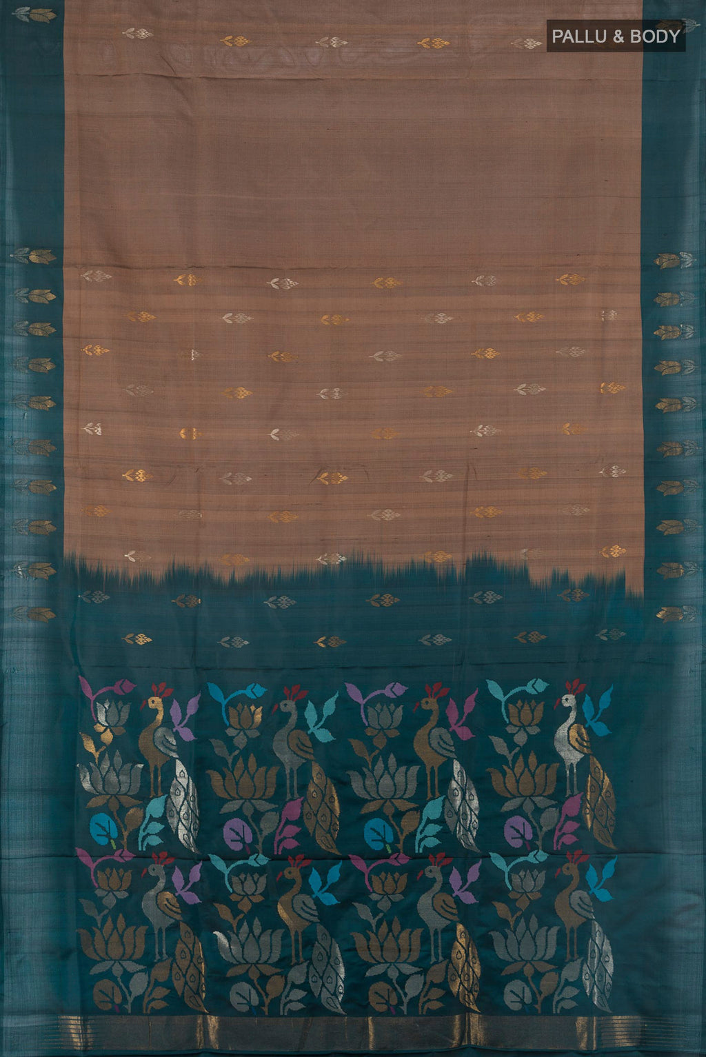 Flat view of Brown Uppada Silk Saree with Zari Butta on the body and Plain Border. 