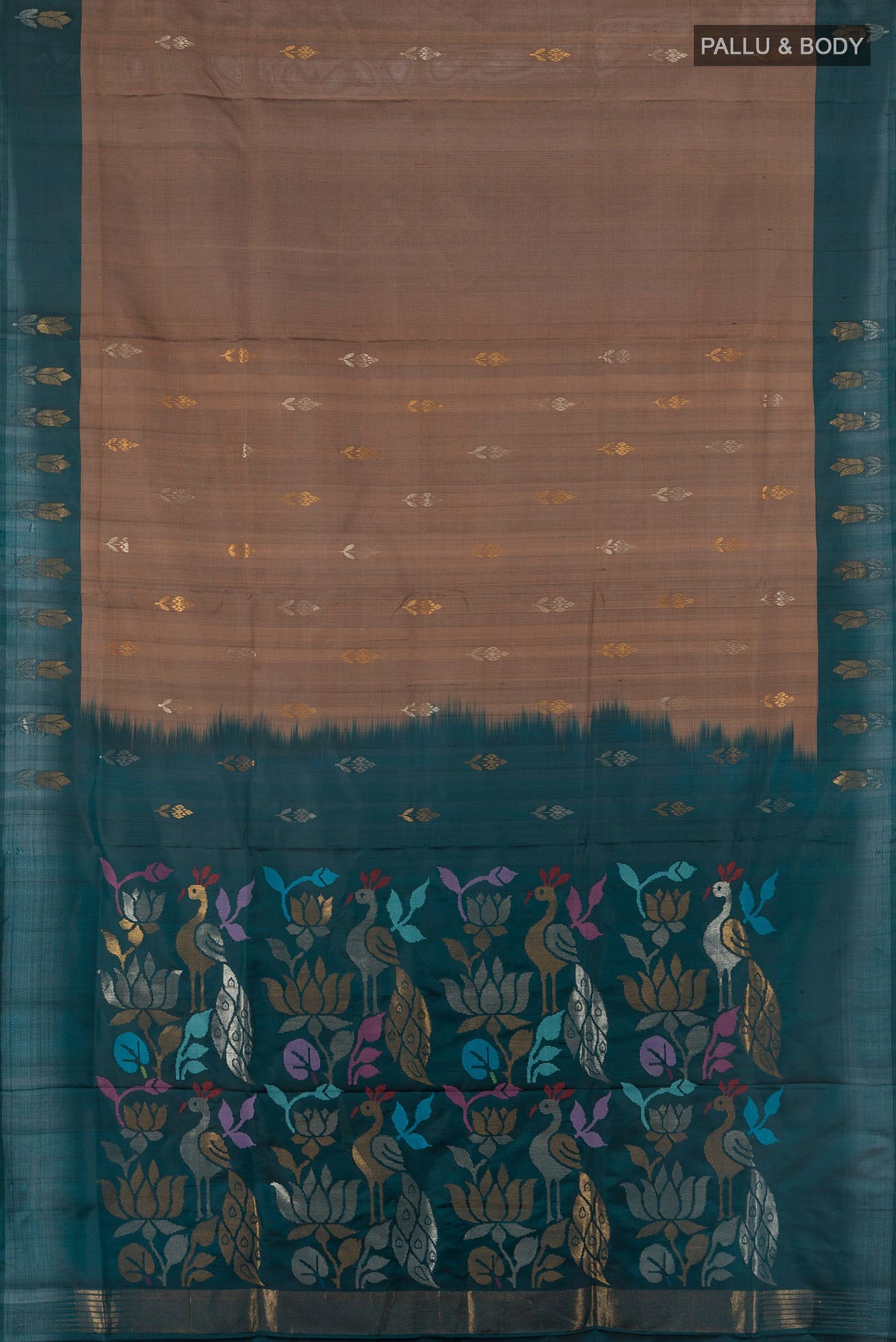Flat view of Brown Uppada Silk Saree with Zari Butta on the body and Plain Border. 