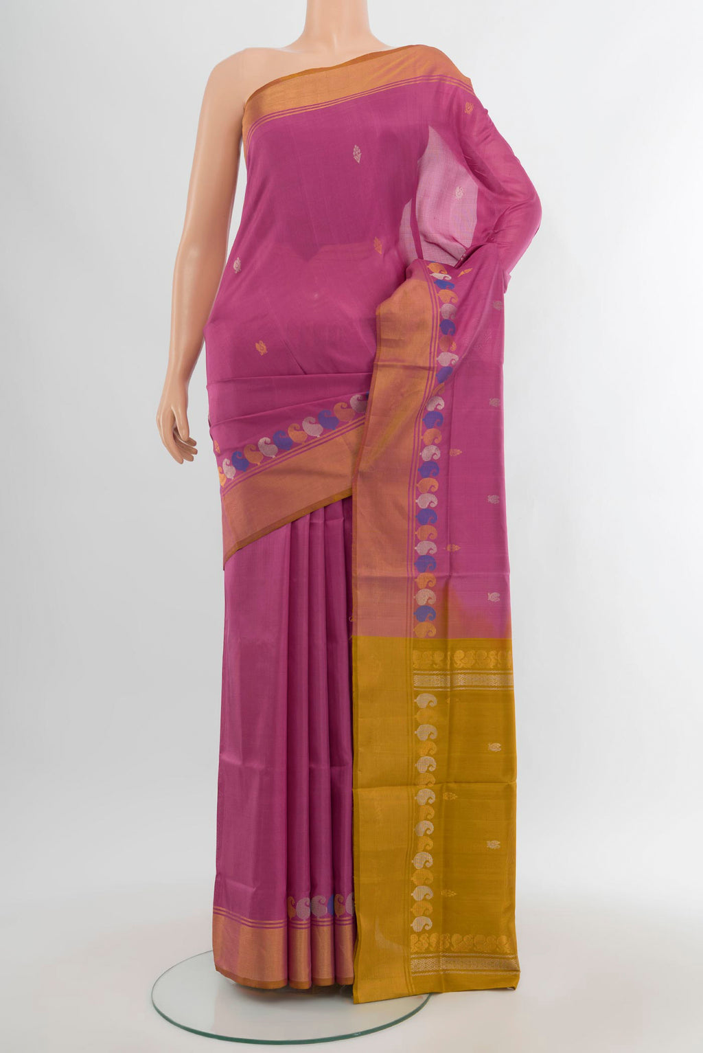 Lavender Uppada Silk Saree with Zari Butta on the body and Zari Border.  displayed on a mannequin