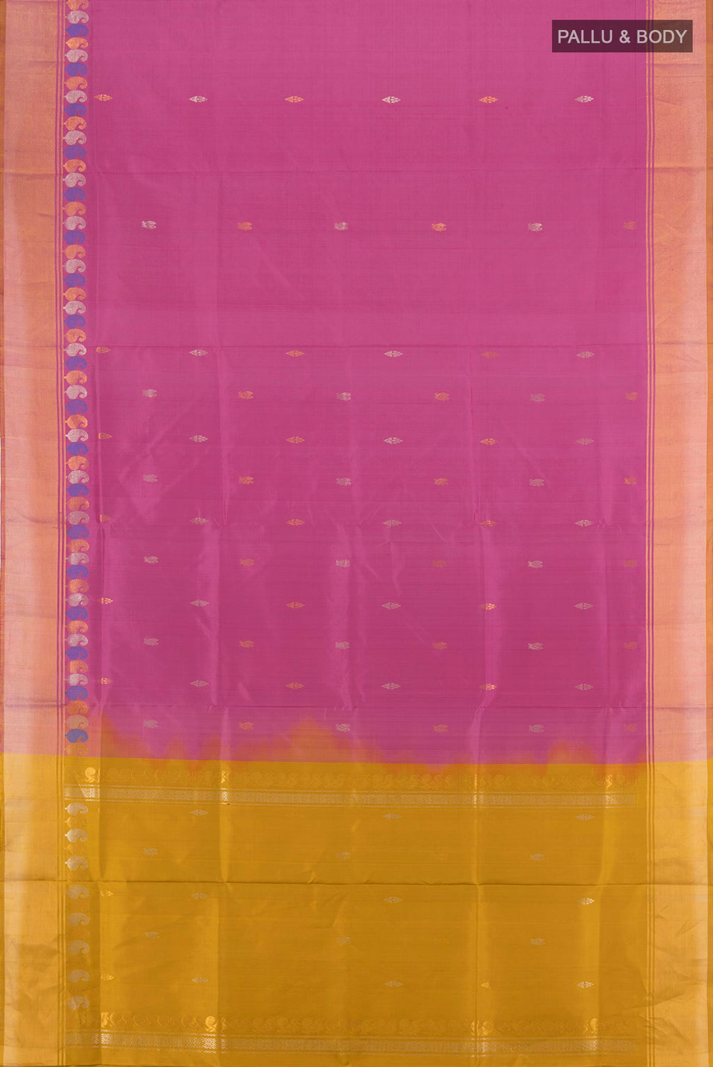 Flat view of Lavender Uppada Silk Saree with Zari Butta on the body and Zari Border. 