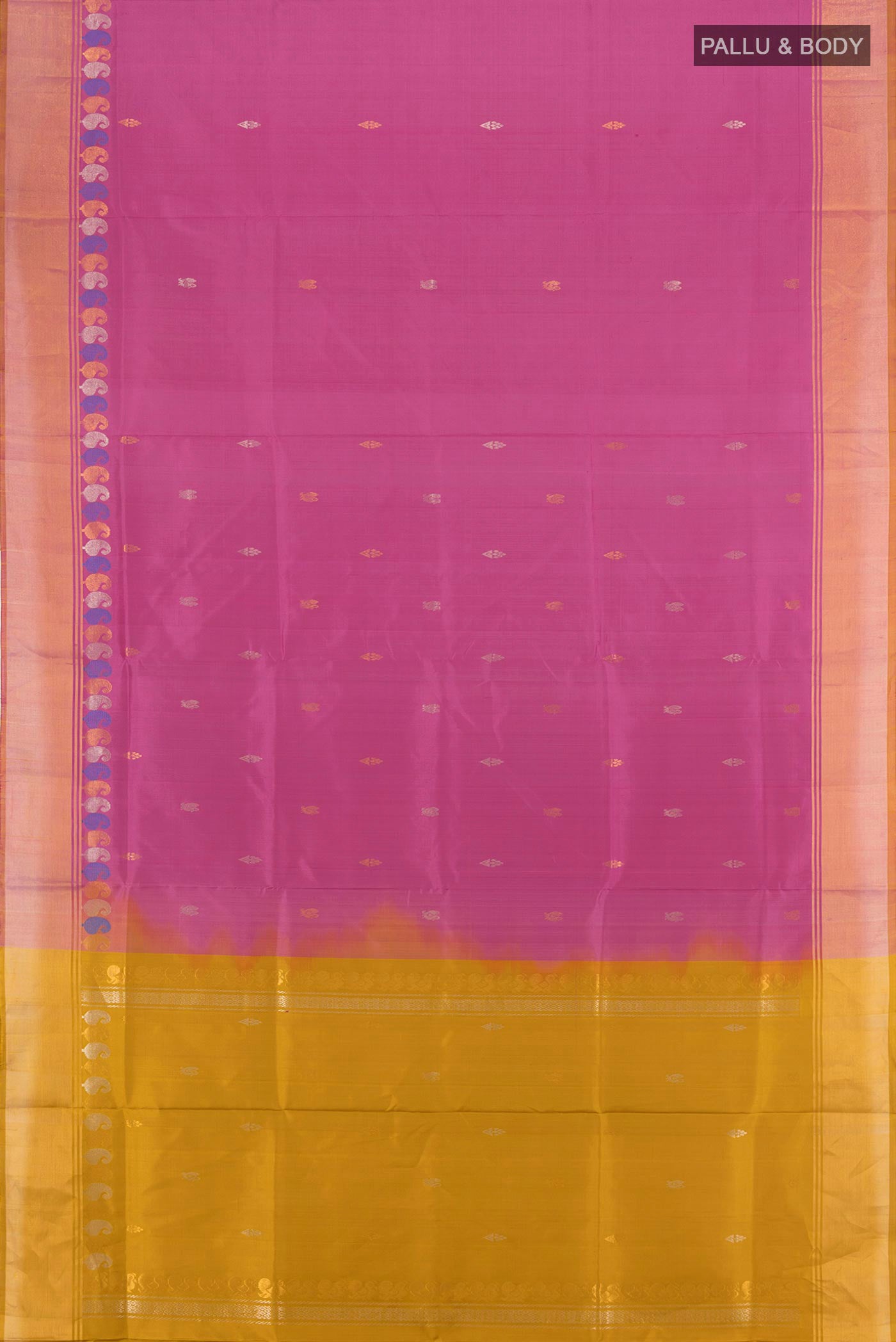 Flat view of Lavender Uppada Silk Saree with Zari Butta on the body and Zari Border. 