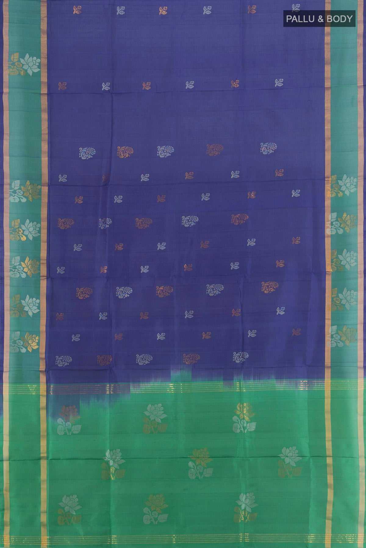 Flat view of Pure Silk Blue Uppada Saree with Zari Butta on the body and Plain Border. 