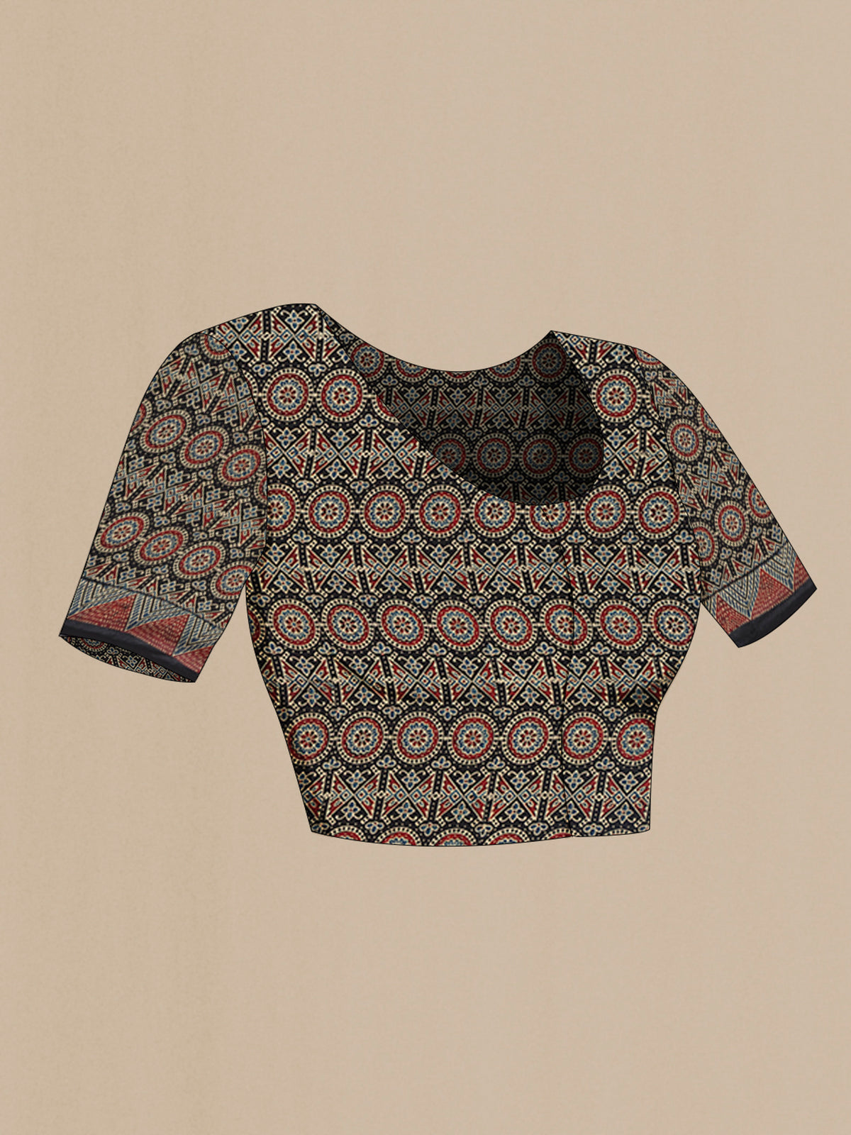 Close up image of the blouse of Black Satin Crepe Saree with Floral Print on the body and Printed Border. 