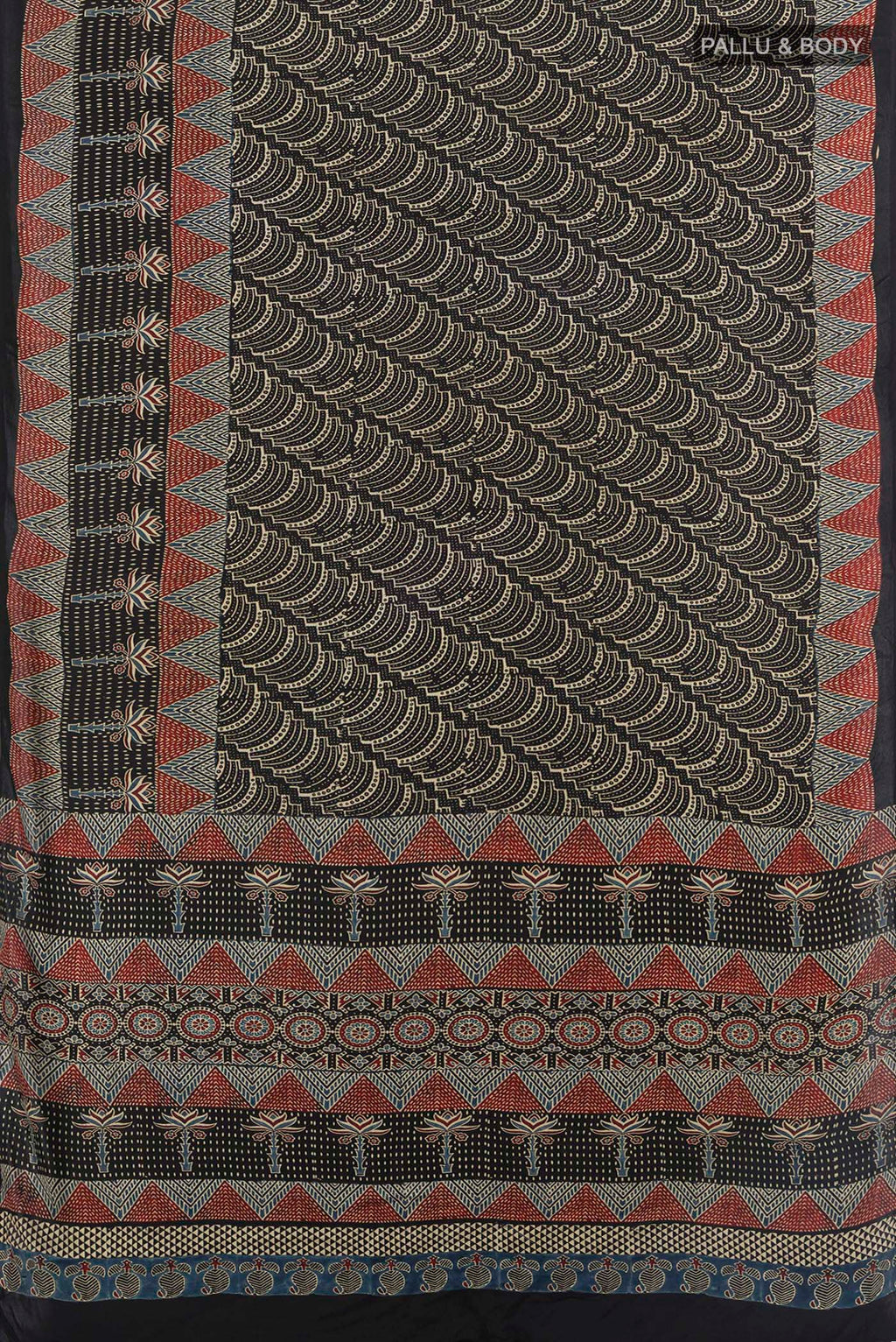 Flat view of Black Satin Crepe Saree with Floral Print on the body and Printed Border. 