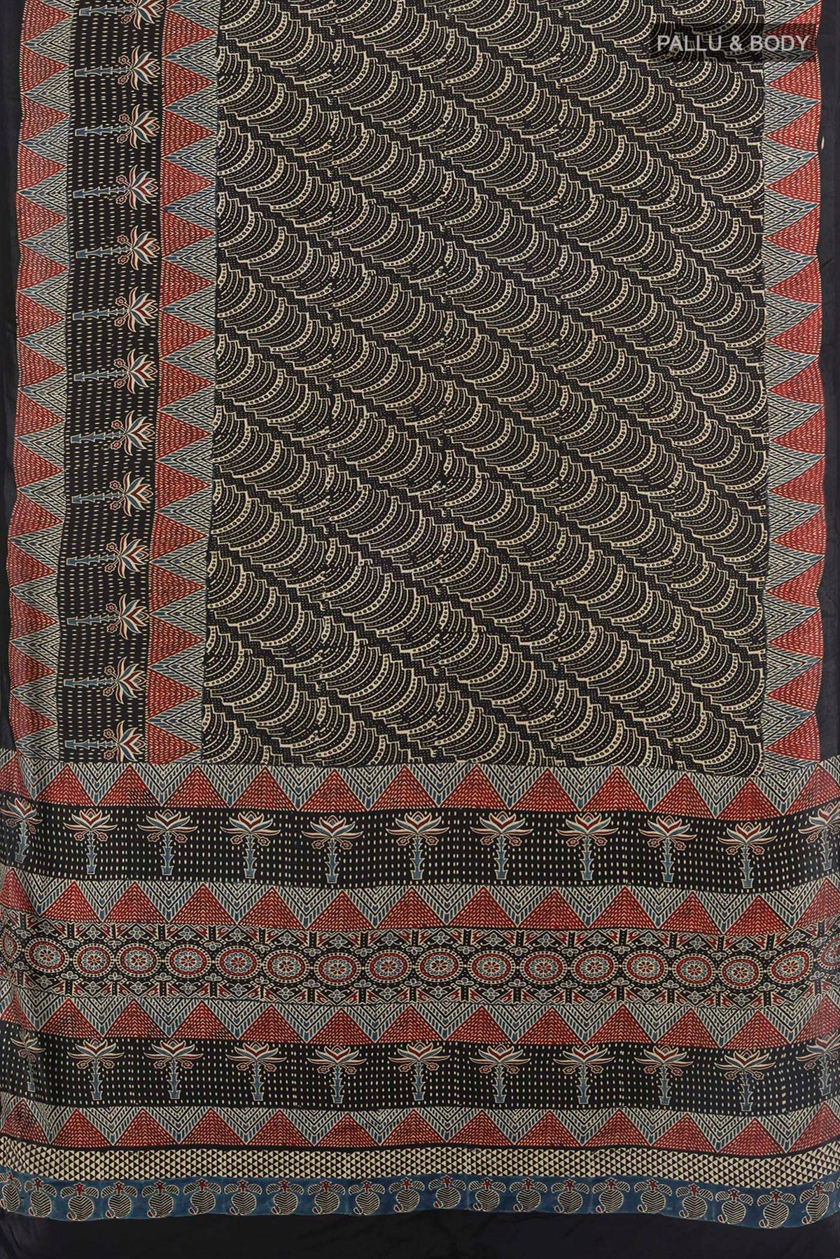 Flat view of Black Satin Crepe Saree with Floral Print on the body and Printed Border. 