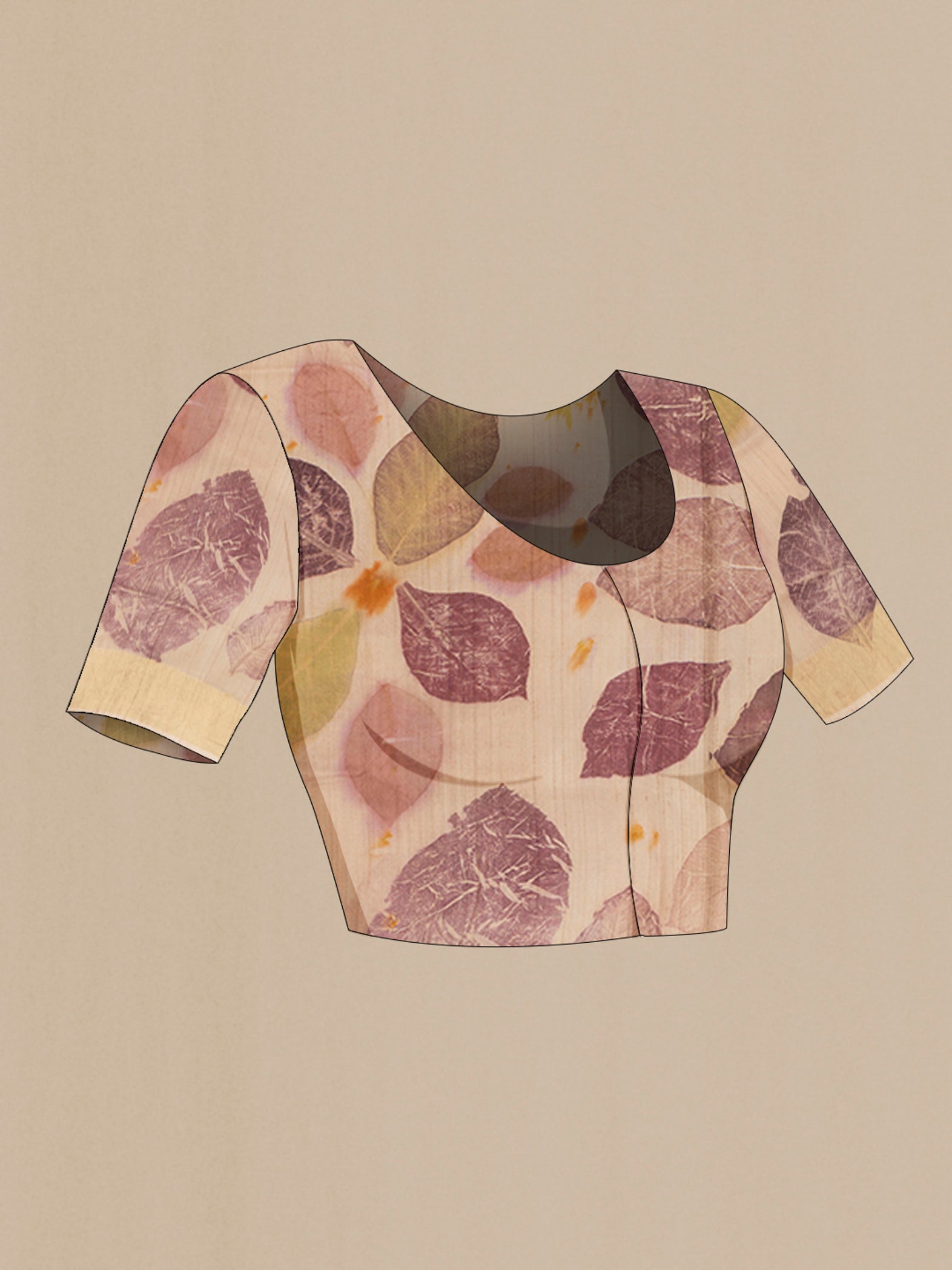Close up image of the blouse of Beige Tussar Silk Saree with Floral Print on the body and Zari Border. 