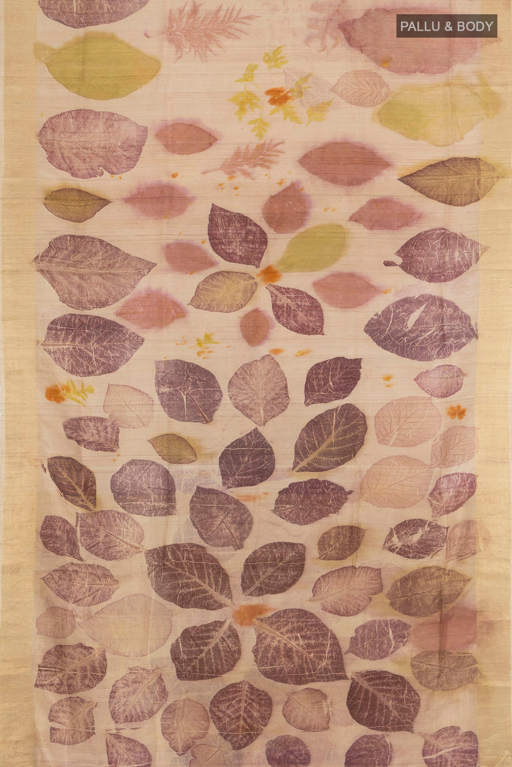 Flat view of Beige Tussar Silk Saree with Floral Print on the body and Zari Border. 
