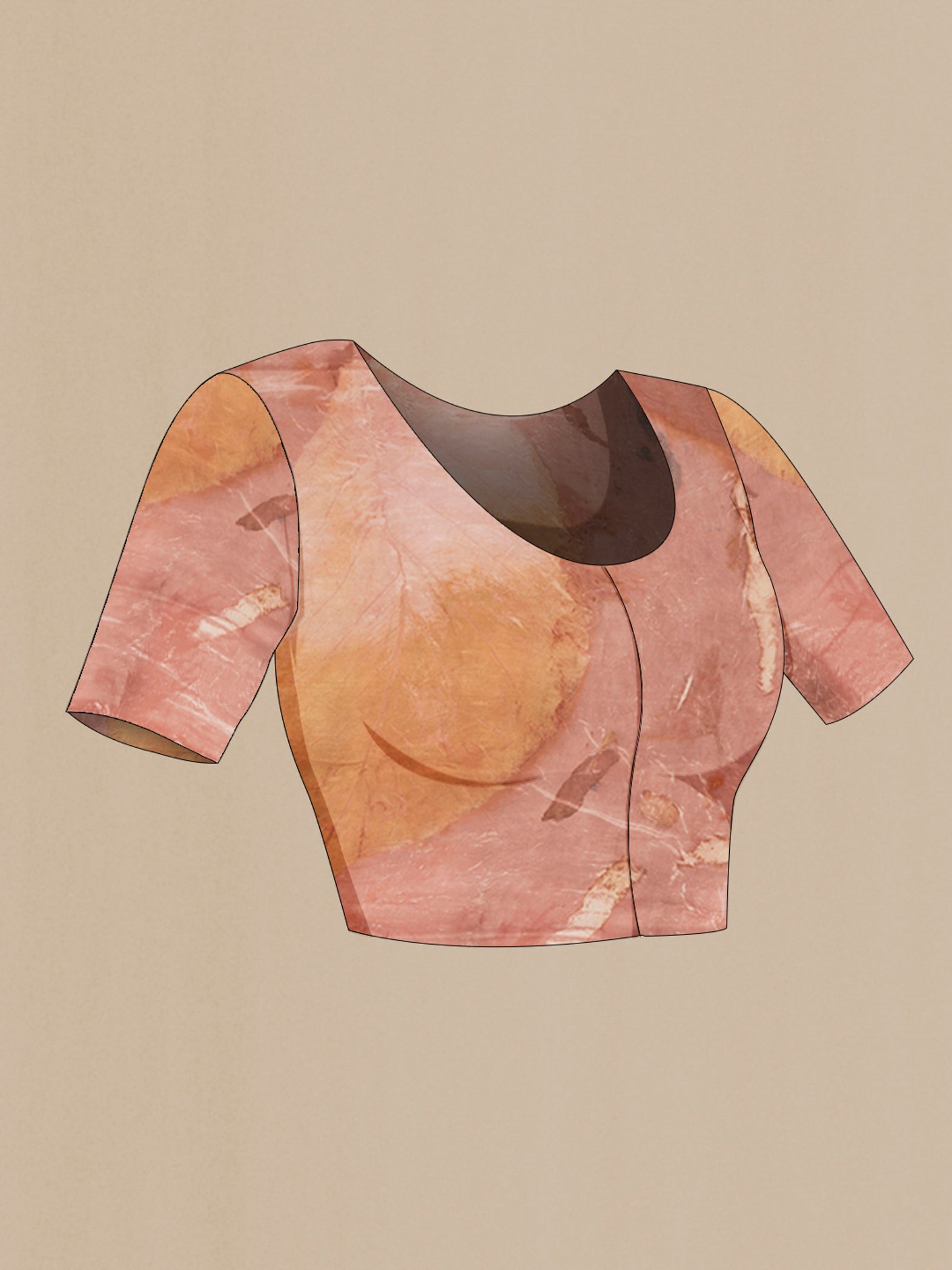 Close up image of the blouse of Mauve Tussar Silk Saree with Floral Print on the body and Without Border. 