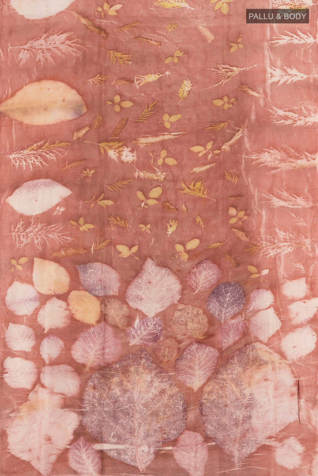 Flat view of Mauve Tussar Silk Saree with Floral Print on the body and Without Border. 