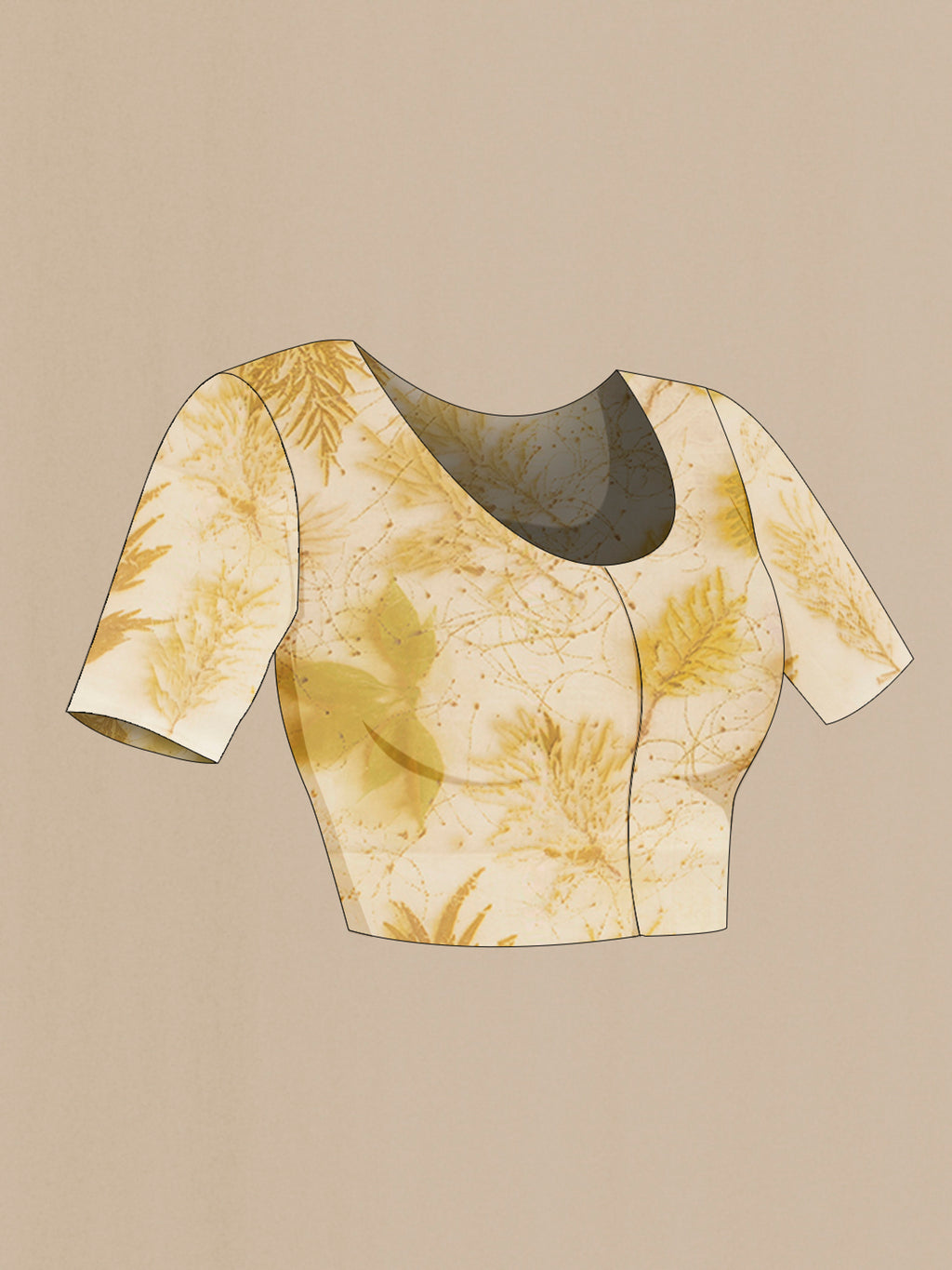 Close up image of the blouse of Cream Tussar Silk Saree with Floral Print on the body and Without Border. 
