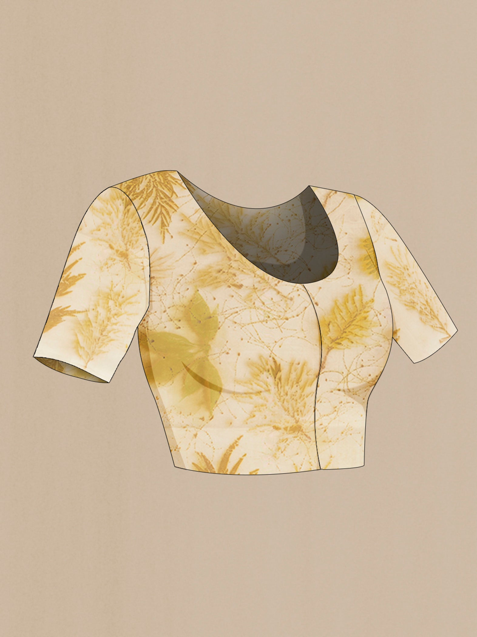 Close up image of the blouse of Cream Tussar Silk Saree with Floral Print on the body and Without Border. 
