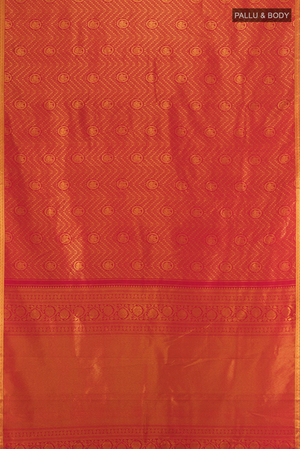 Flat view of Pure Silk Pure Zari Red Kanchipuram Saree with Zari Butta on the body and Silk Border. 