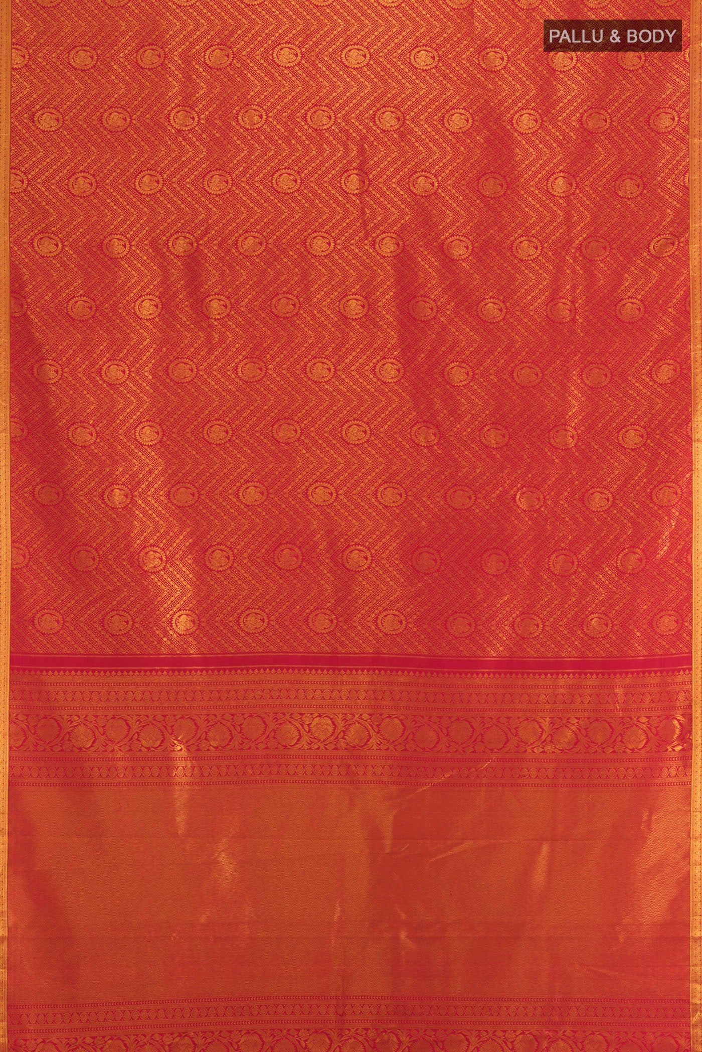 Flat view of Pure Silk Pure Zari Red Kanchipuram Saree with Zari Butta on the body and Silk Border. 