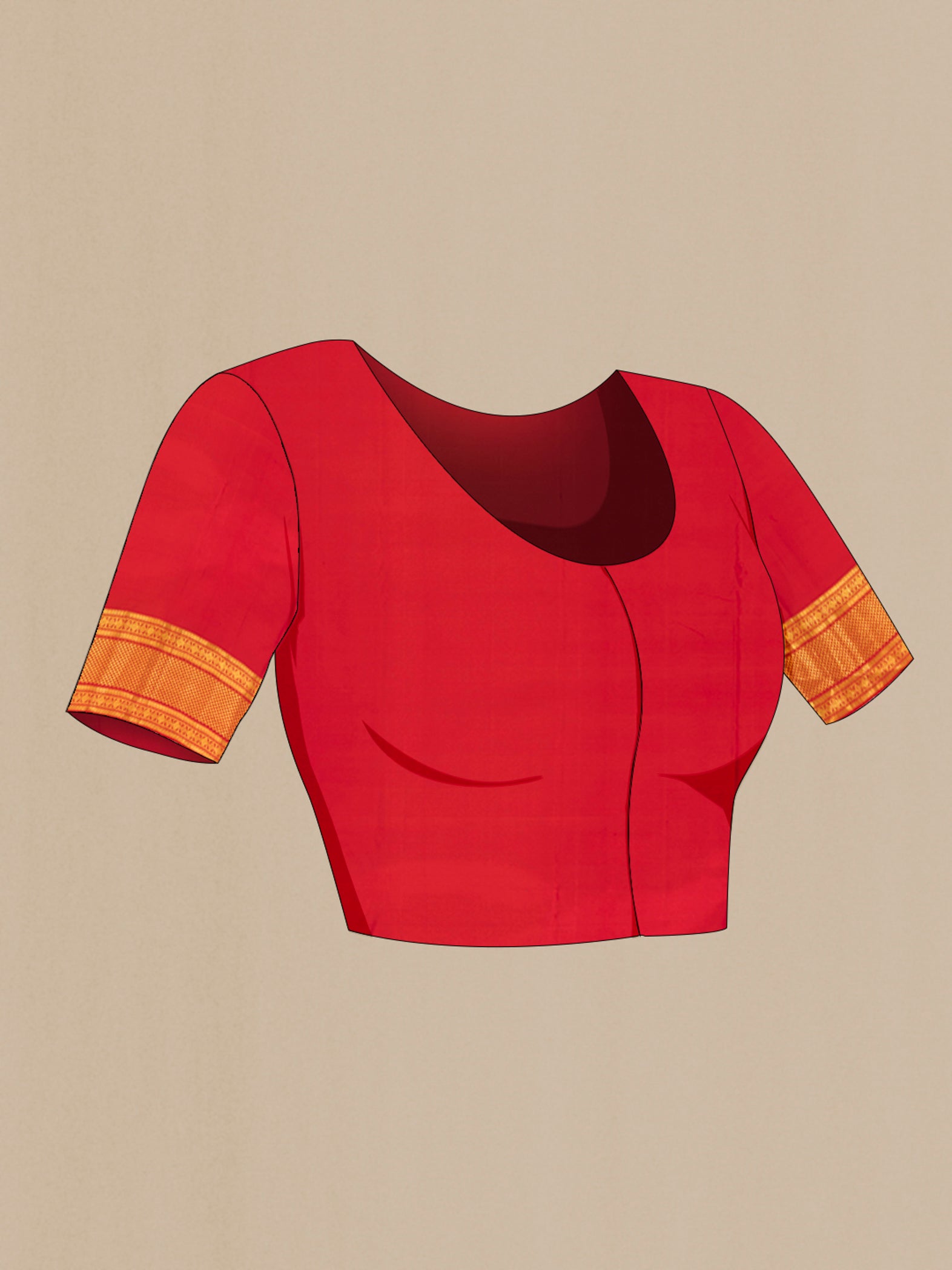 Close up image of the blouse of Red Kanchipuram Silk Saree with Zari Brocade on the body and Zari Border. 