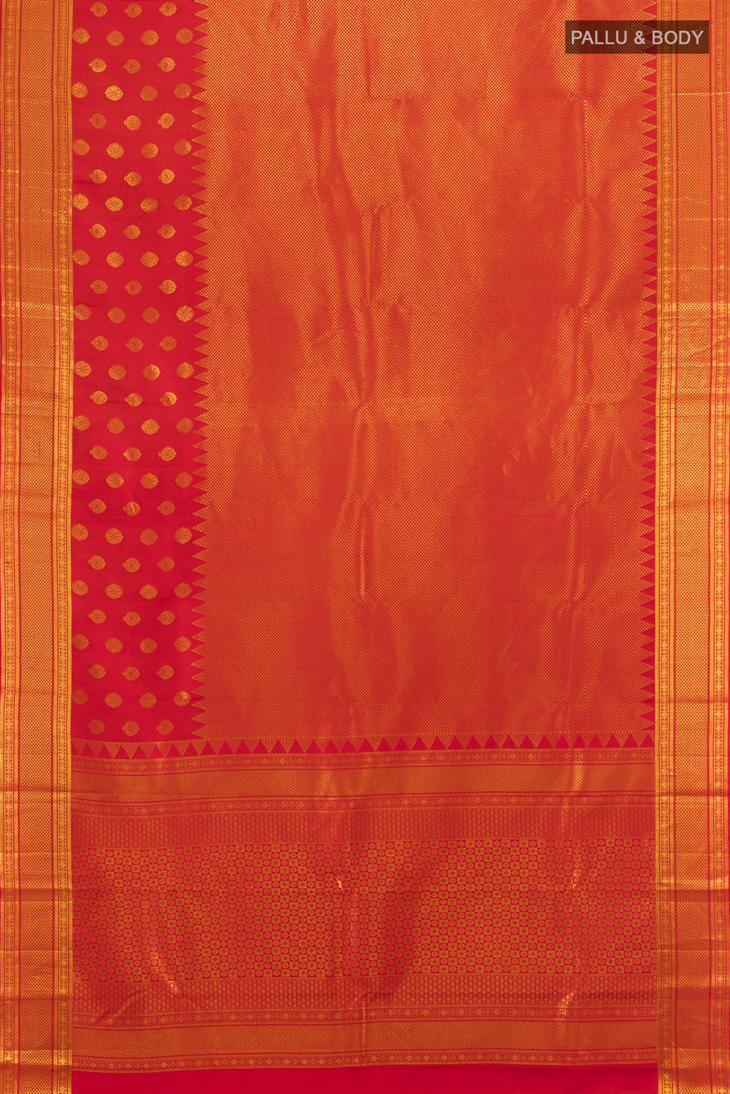 Flat view of Red Kanchipuram Silk Saree with Zari Brocade on the body and Zari Border. 