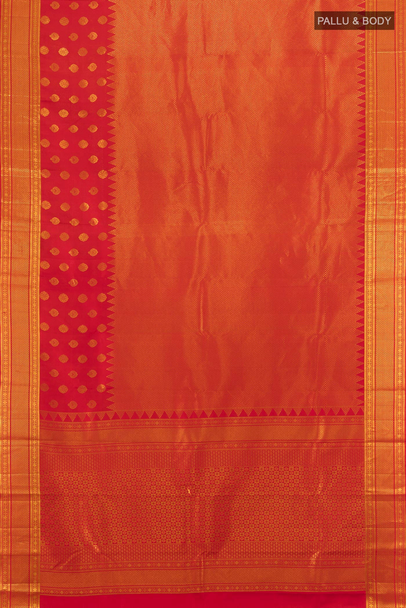 Flat view of Red Kanchipuram Silk Saree with Zari Brocade on the body and Zari Border. 