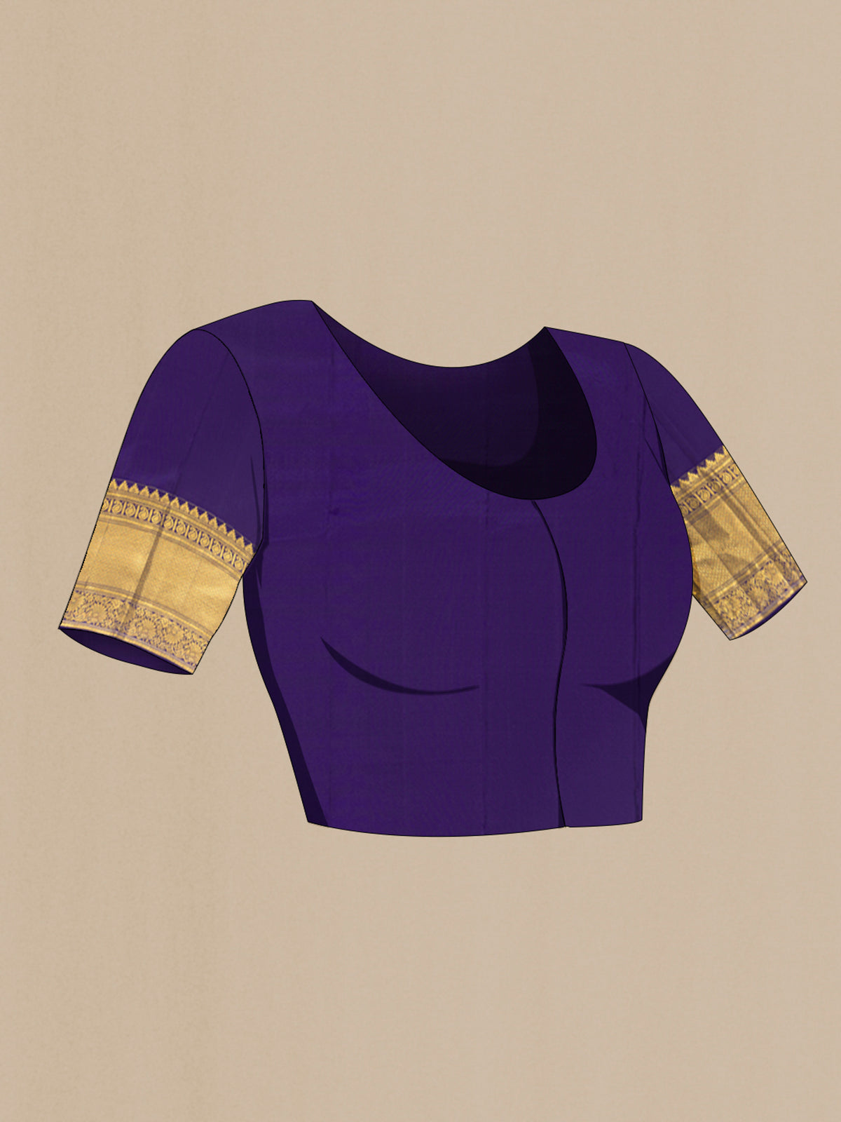 Close up image of the blouse of Navy Blue Kanjivaram Silk Saree with Zari Brocade on the body and Zari Border. 