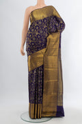 Navy Blue Kanjivaram Silk Saree with Zari Brocade on the body and Zari Border.  displayed on a mannequin