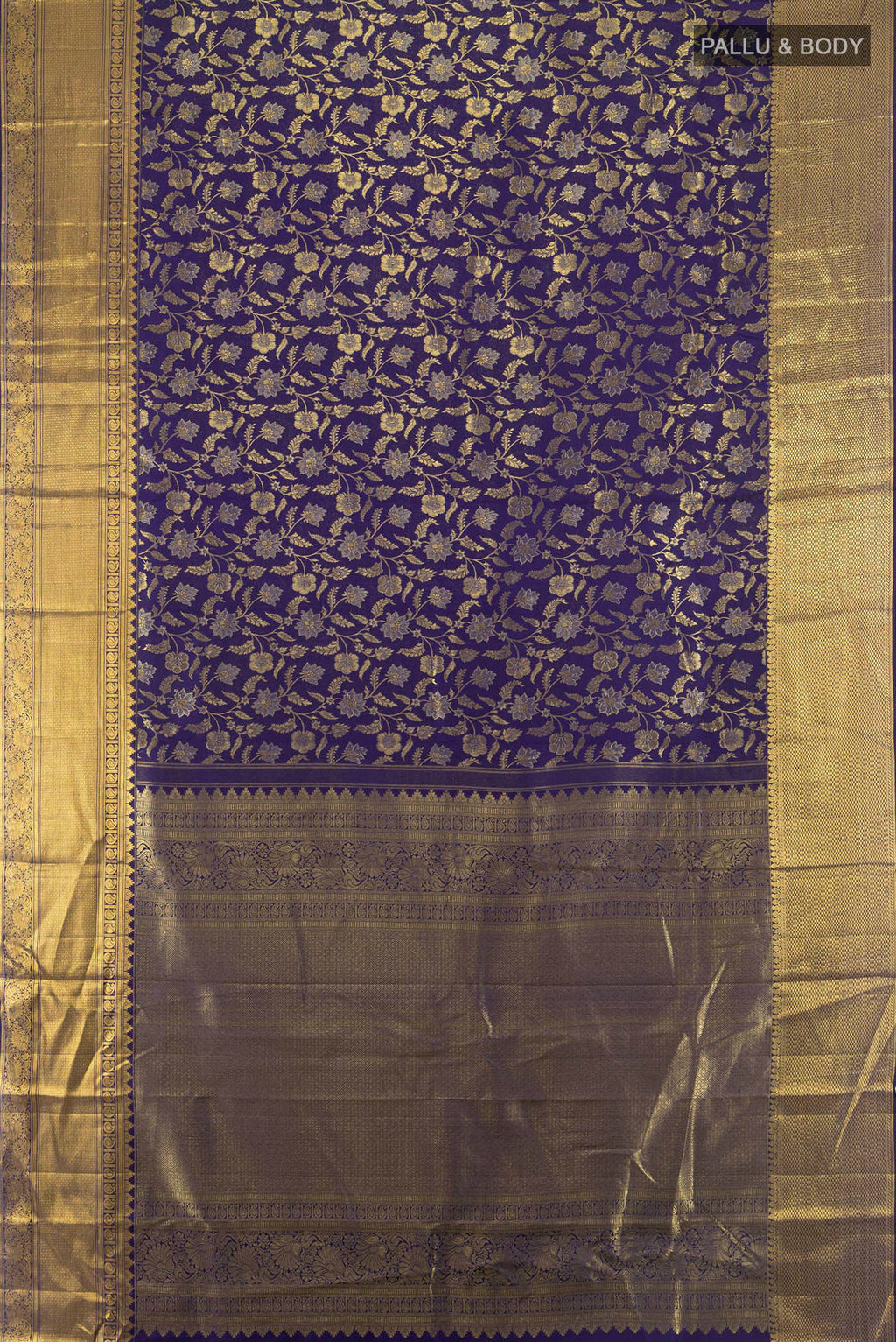 Flat view of Navy Blue Kanjivaram Silk Saree with Zari Brocade on the body and Zari Border. 
