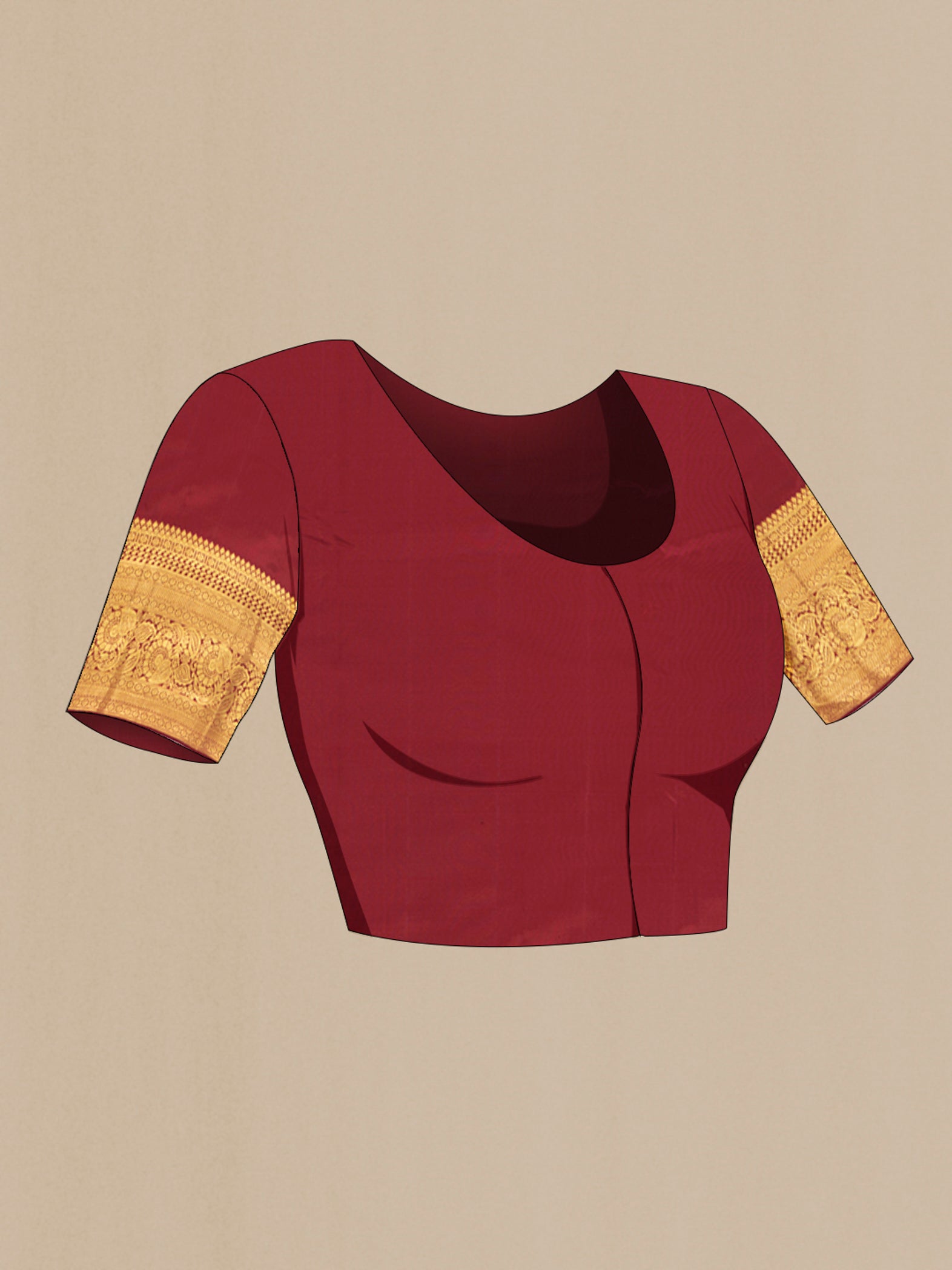 Close up image of the blouse of Maroon Kanjivaram Silk Saree with Zari Brocade on the body and Zari Border. 