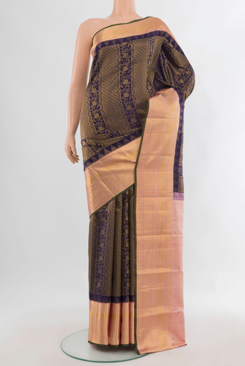 Pure Silk Navy Blue Kanjivaram Saree with Zari Brocade on the body and Zari Border.  displayed on a mannequin
