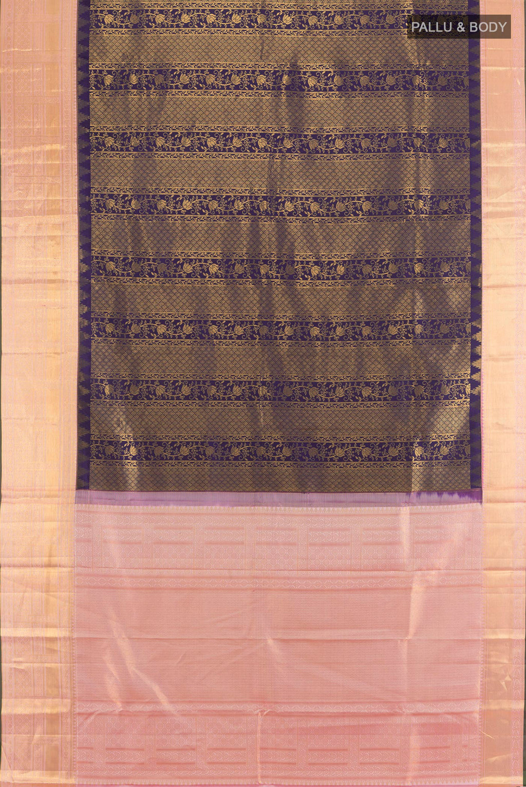Flat view of Pure Silk Navy Blue Kanjivaram Saree with Zari Brocade on the body and Zari Border. 