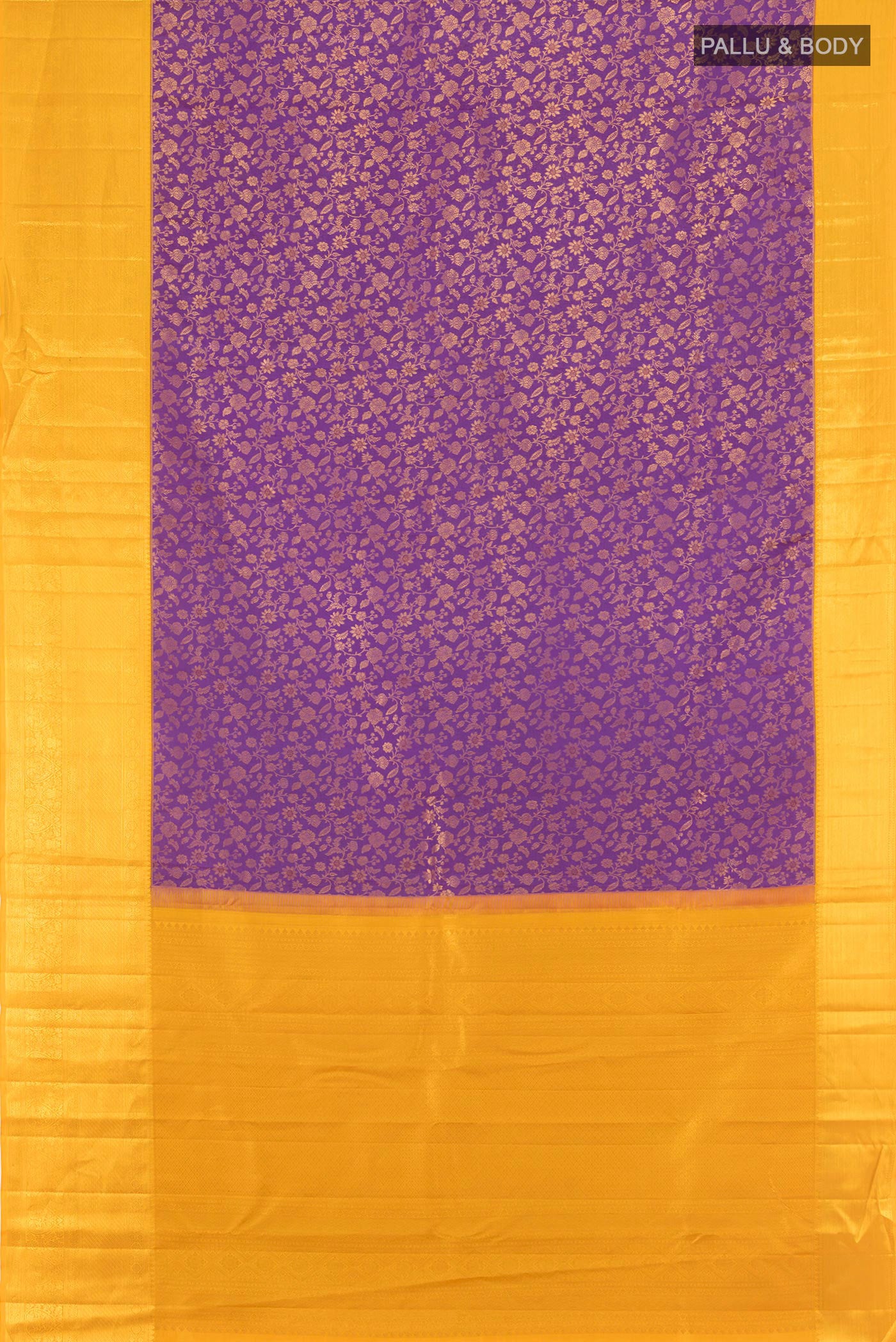 Flat view of Lavender Kanjivaram Silk Saree with Zari Brocade on the body and Zari Border. 