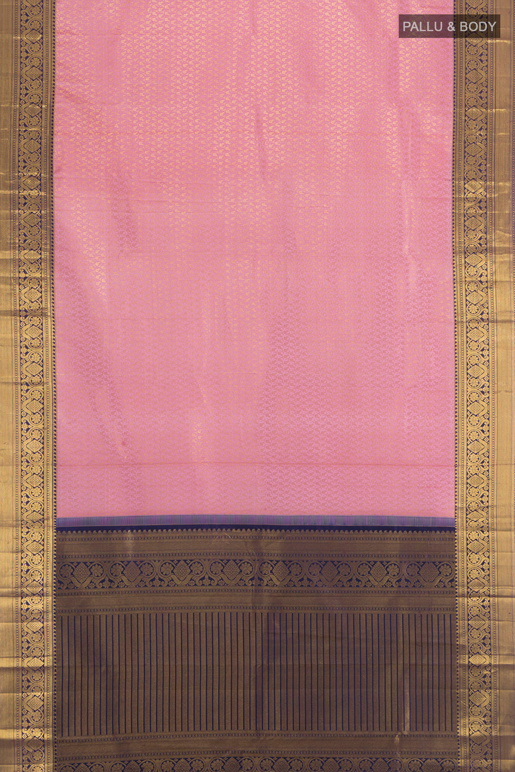 Flat view of Pure Silk Pure Zari Rose Gold Kanjivaram Saree with Zari Butta on the body and Silk Border. 