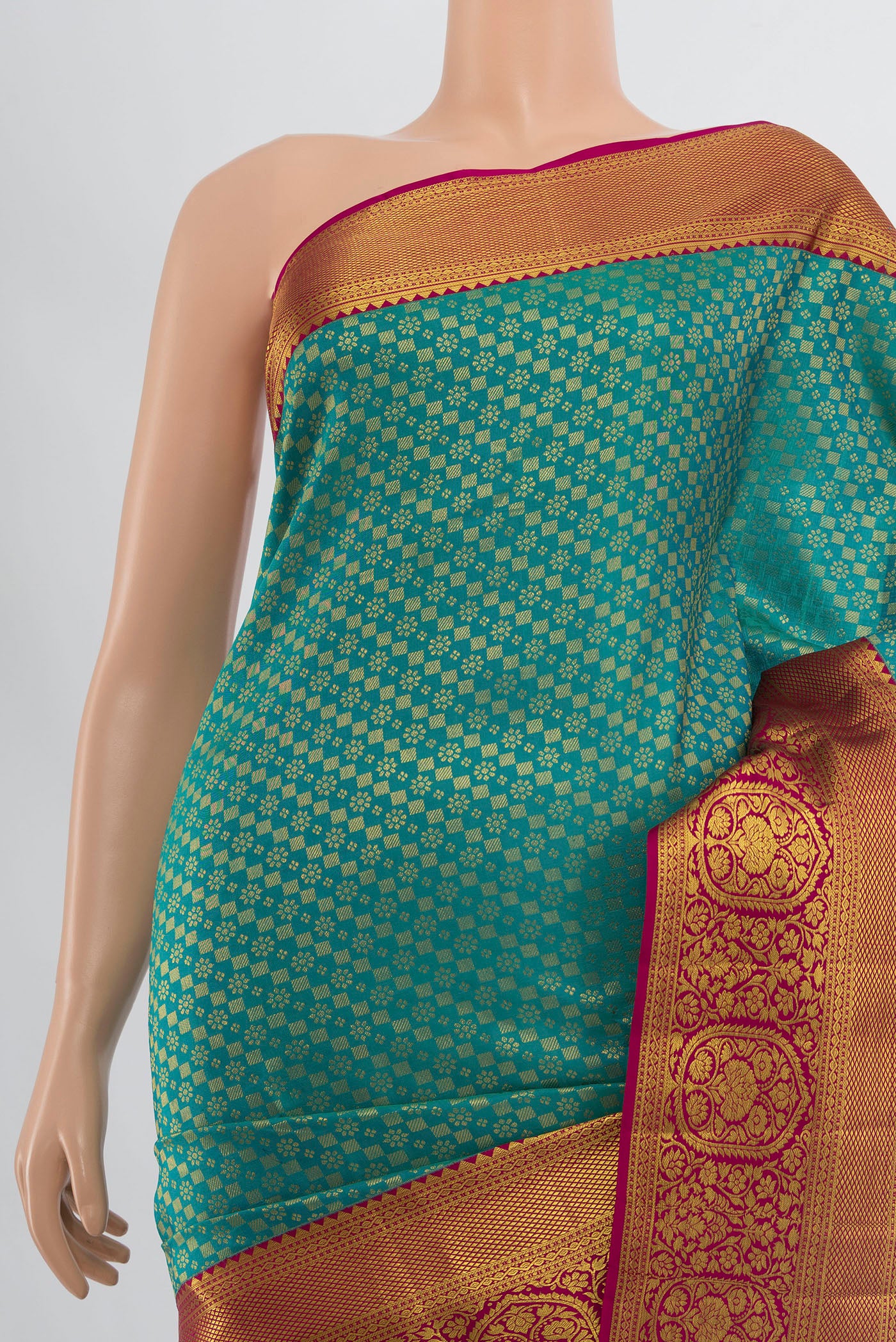 Border image of Pure Silk Pure Zari Peacock Blue Kanjivaram Saree with Zari Butta on the body and Silk Border. 