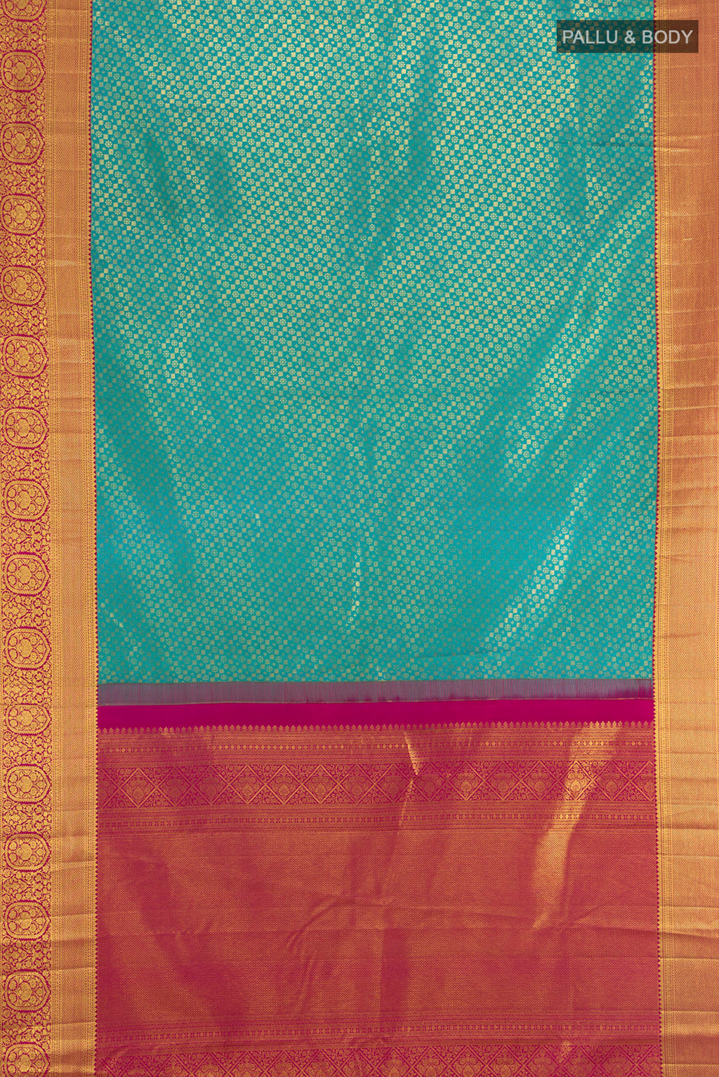 Flat view of Pure Silk Pure Zari Peacock Blue Kanjivaram Saree with Zari Butta on the body and Silk Border. 